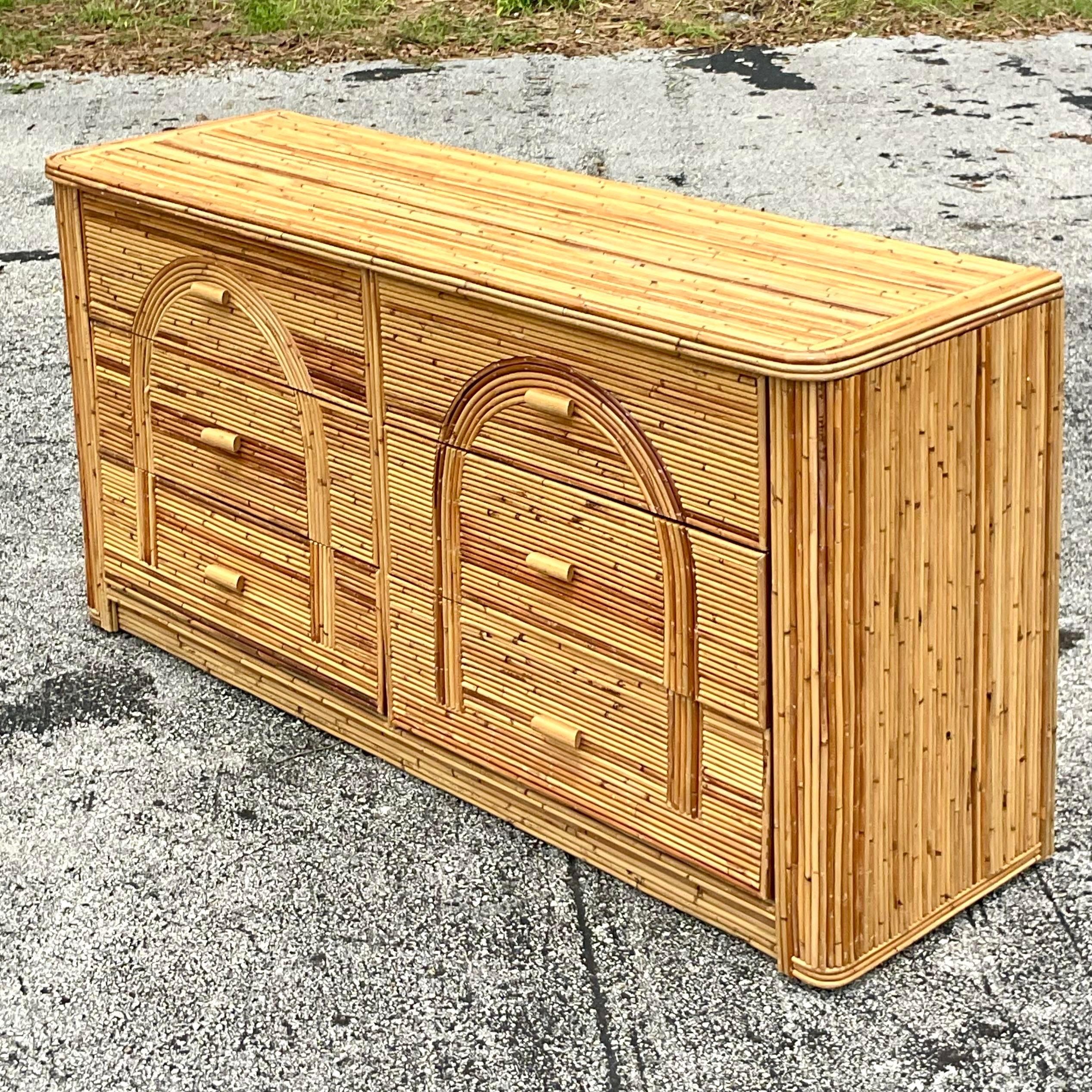 Late 20th Century Vintage Coastal Arched Pencil Reed Dresser In Good Condition In west palm beach, FL