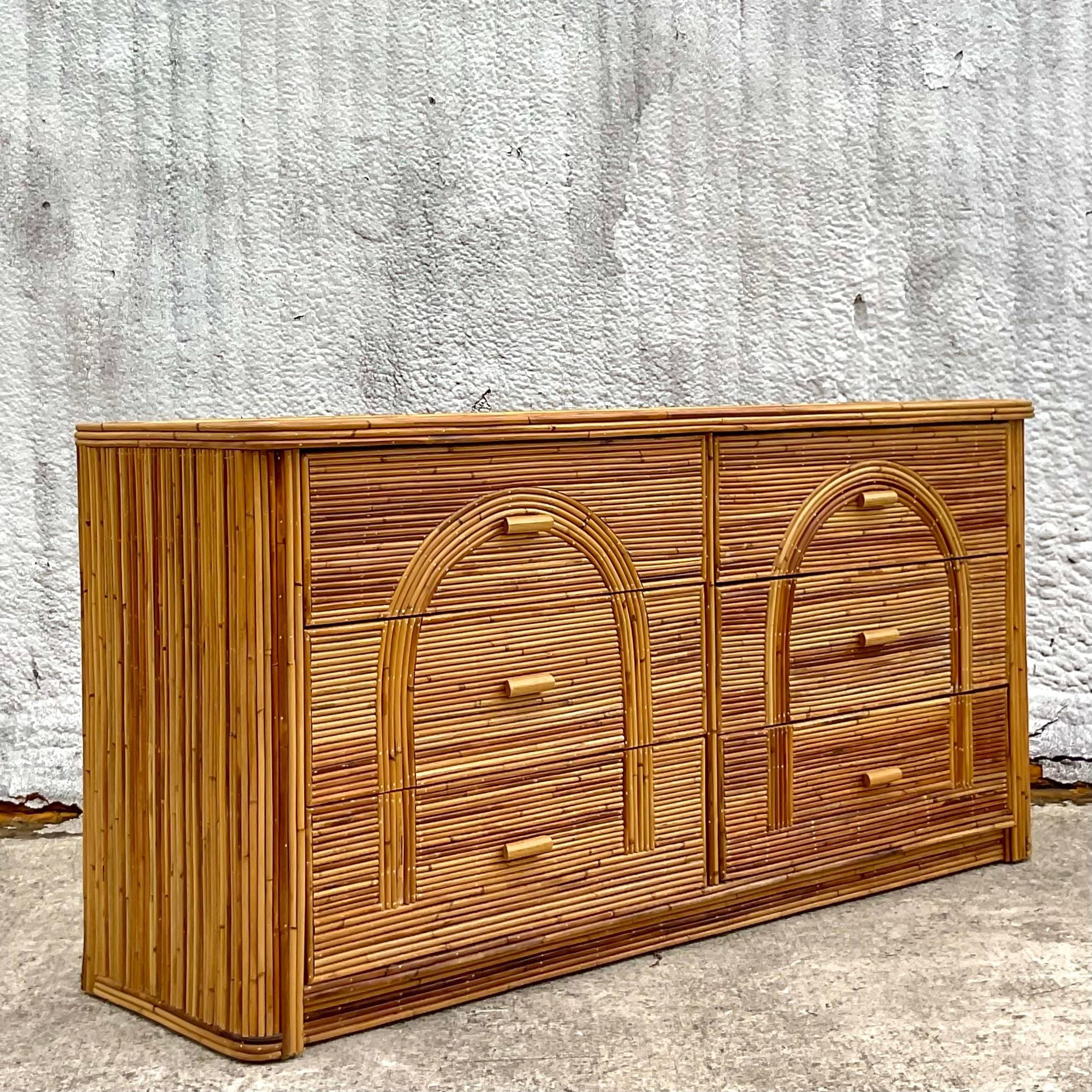 Late 20th Century Vintage Coastal Arched Pencil Reed Dresser In Good Condition In west palm beach, FL
