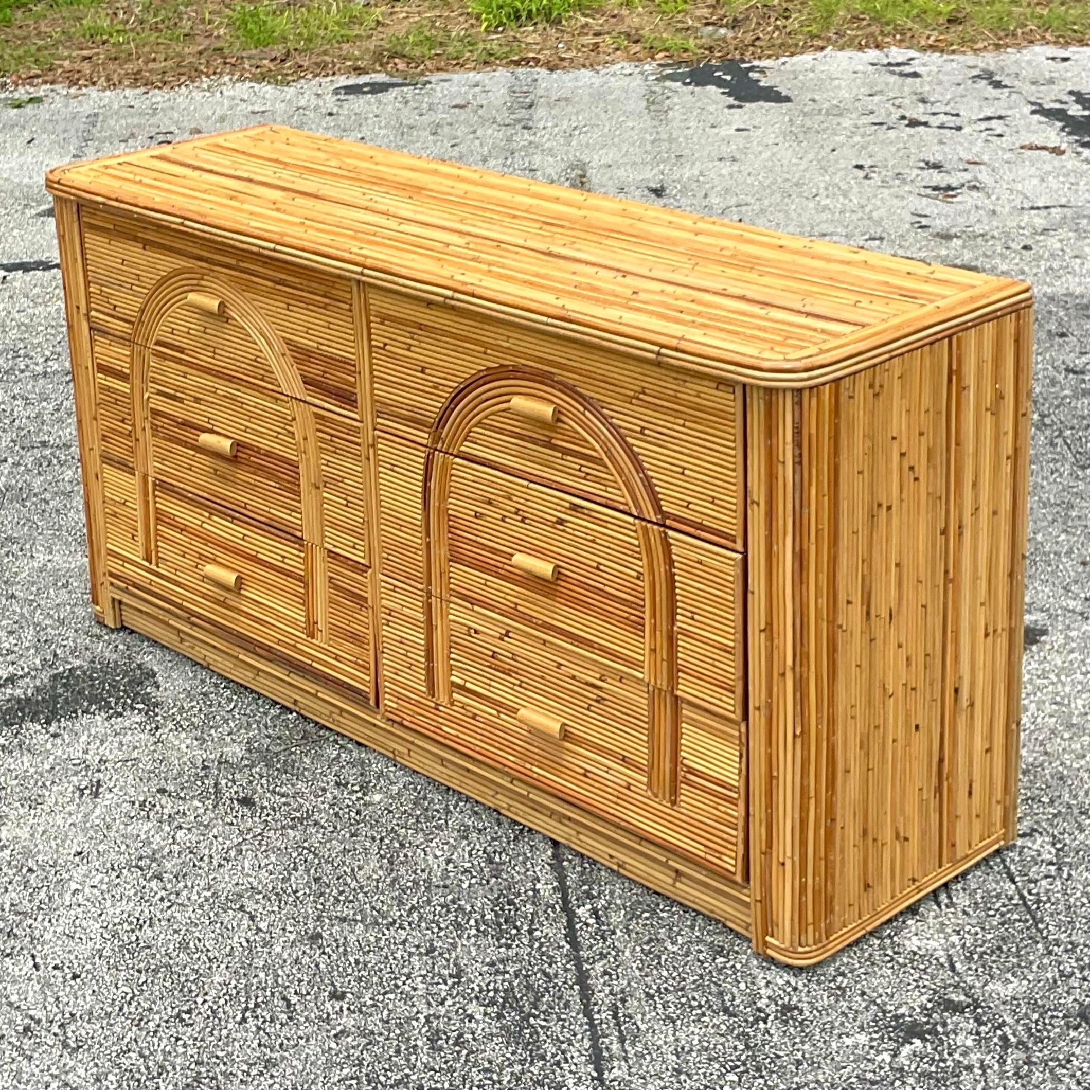 Late 20th Century Vintage Coastal Arched Pencil Reed Dresser 4