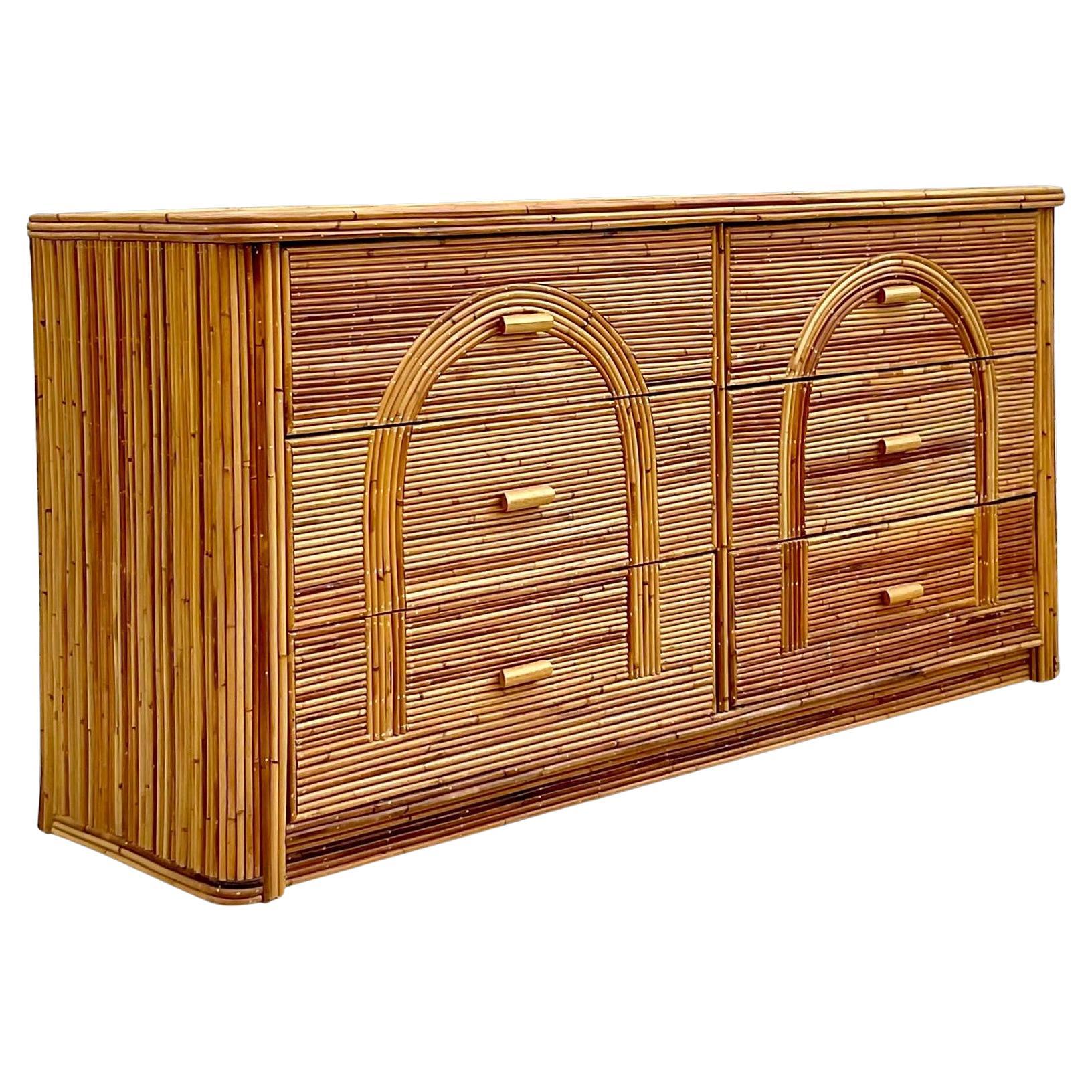 Late 20th Century Vintage Coastal Arched Pencil Reed Dresser
