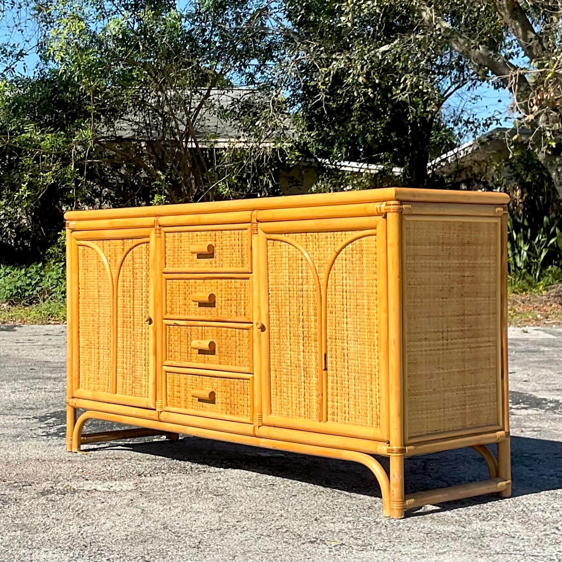 Late 20th Century Vintage Coastal Arched Rattan Credenza In Good Condition For Sale In west palm beach, FL
