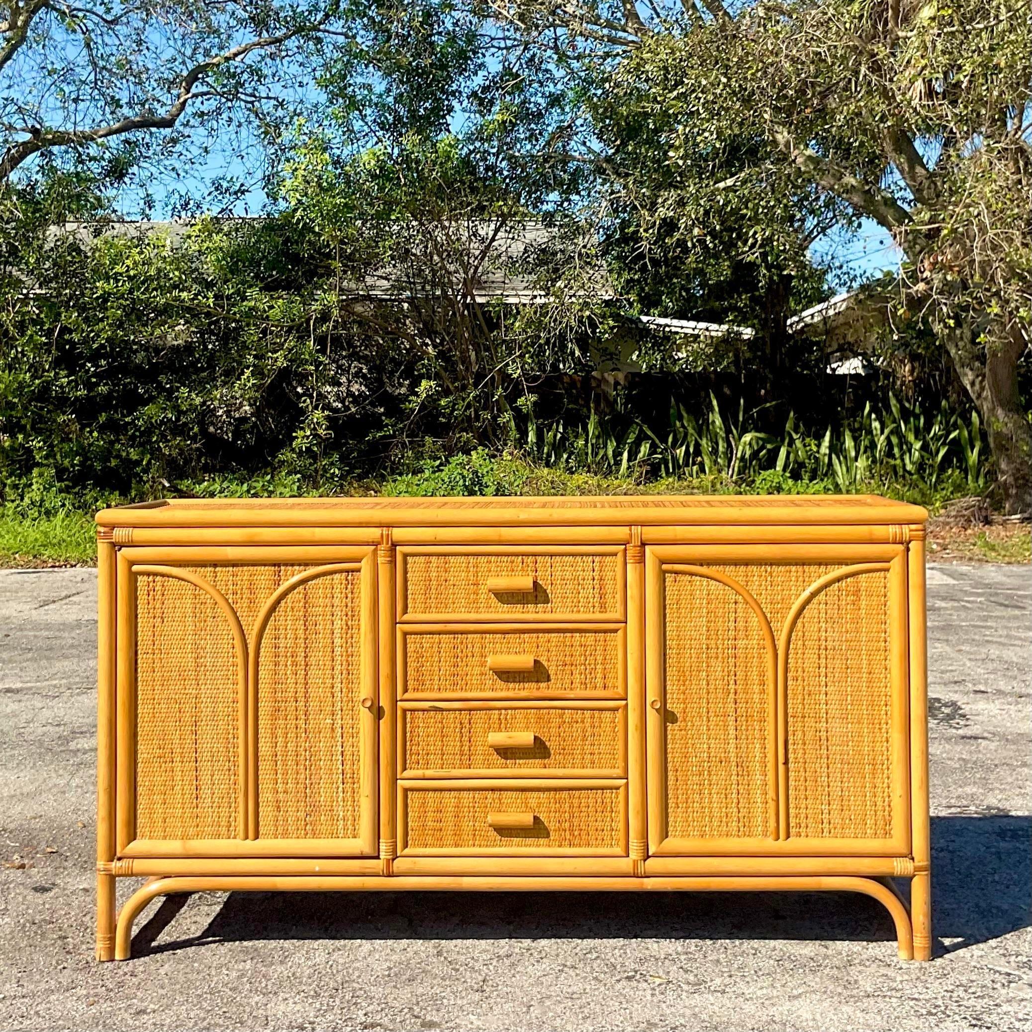Late 20th Century Vintage Coastal Arched Rattan Credenza For Sale 1