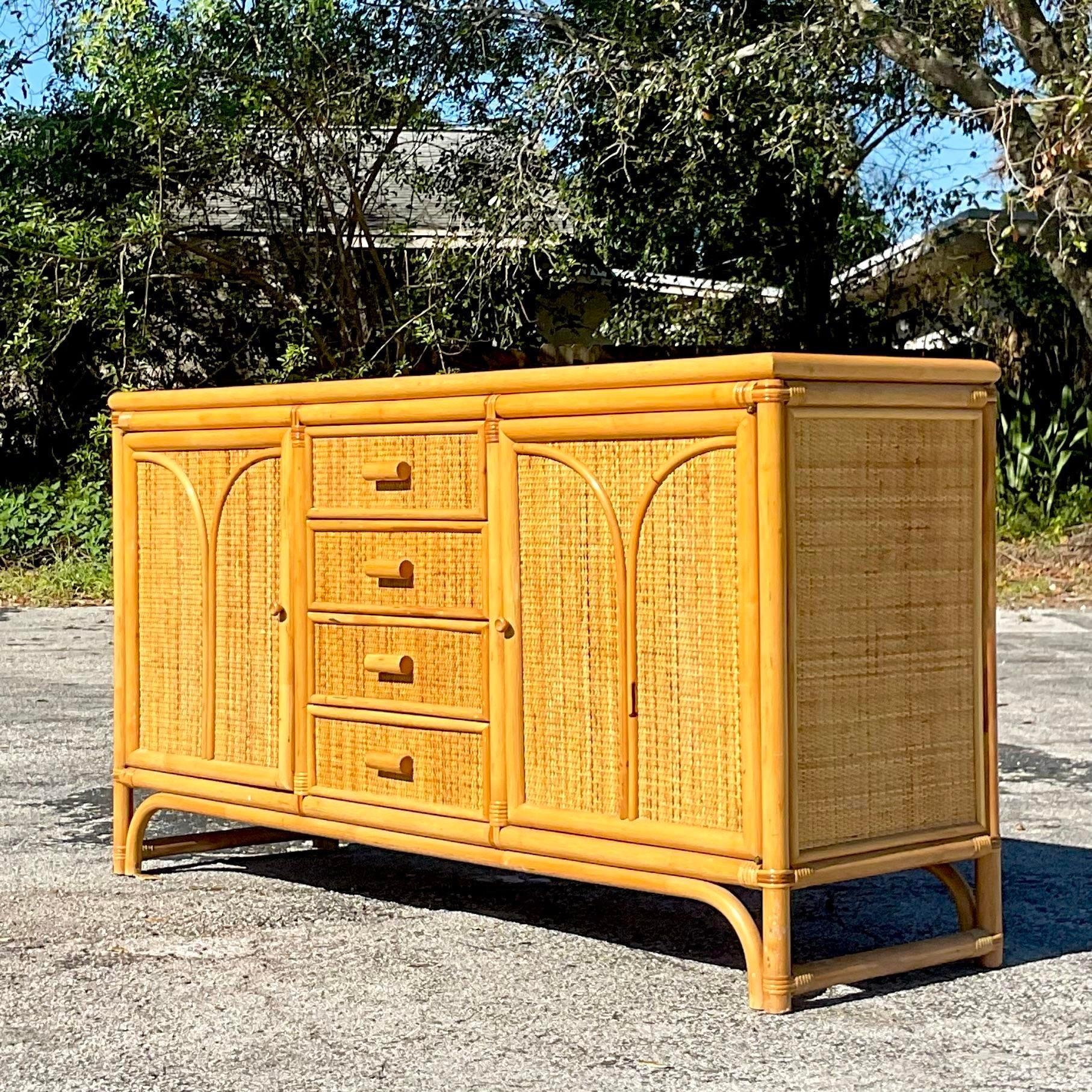 Late 20th Century Vintage Coastal Arched Rattan Credenza For Sale 2