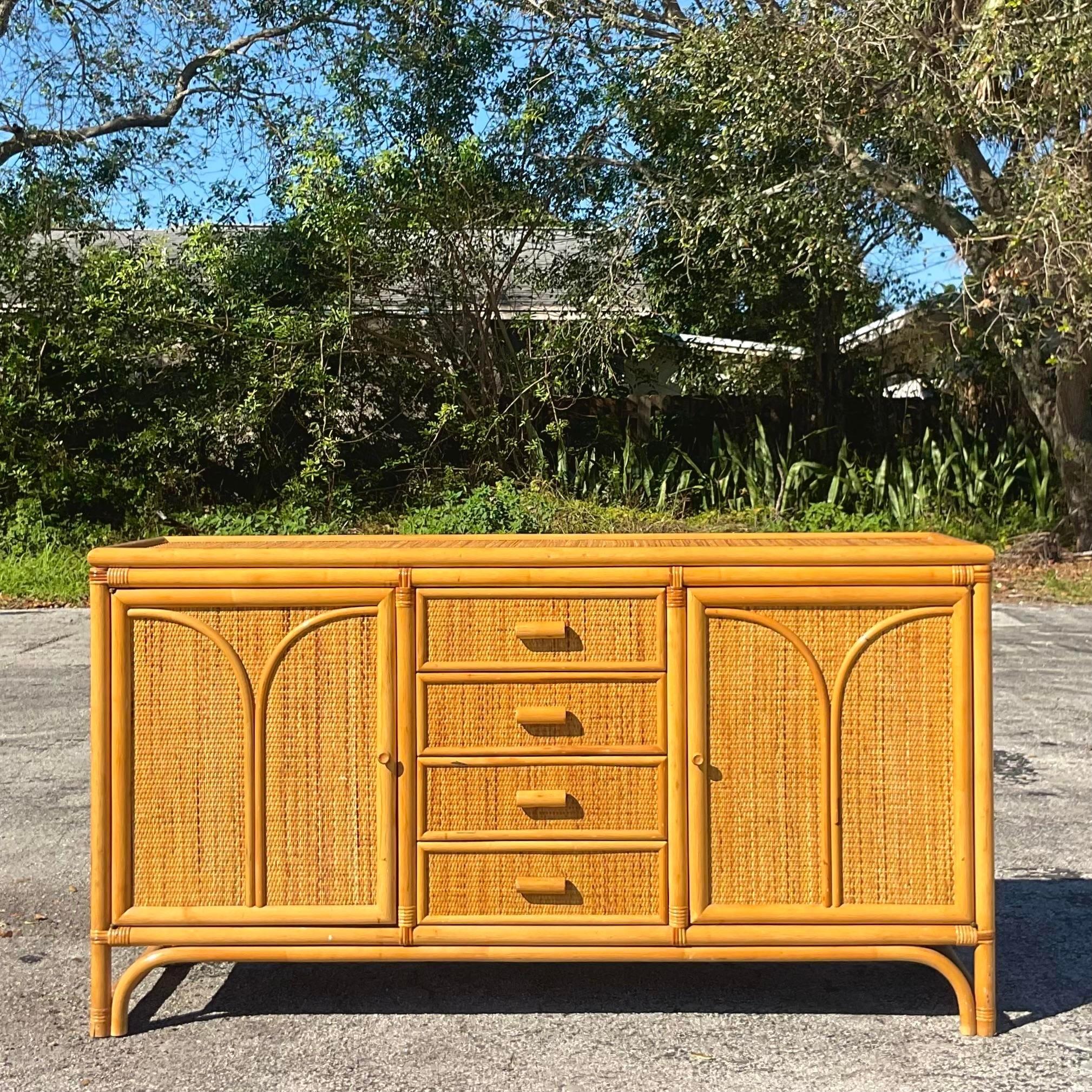 Late 20th Century Vintage Coastal Arched Rattan Credenza For Sale 3
