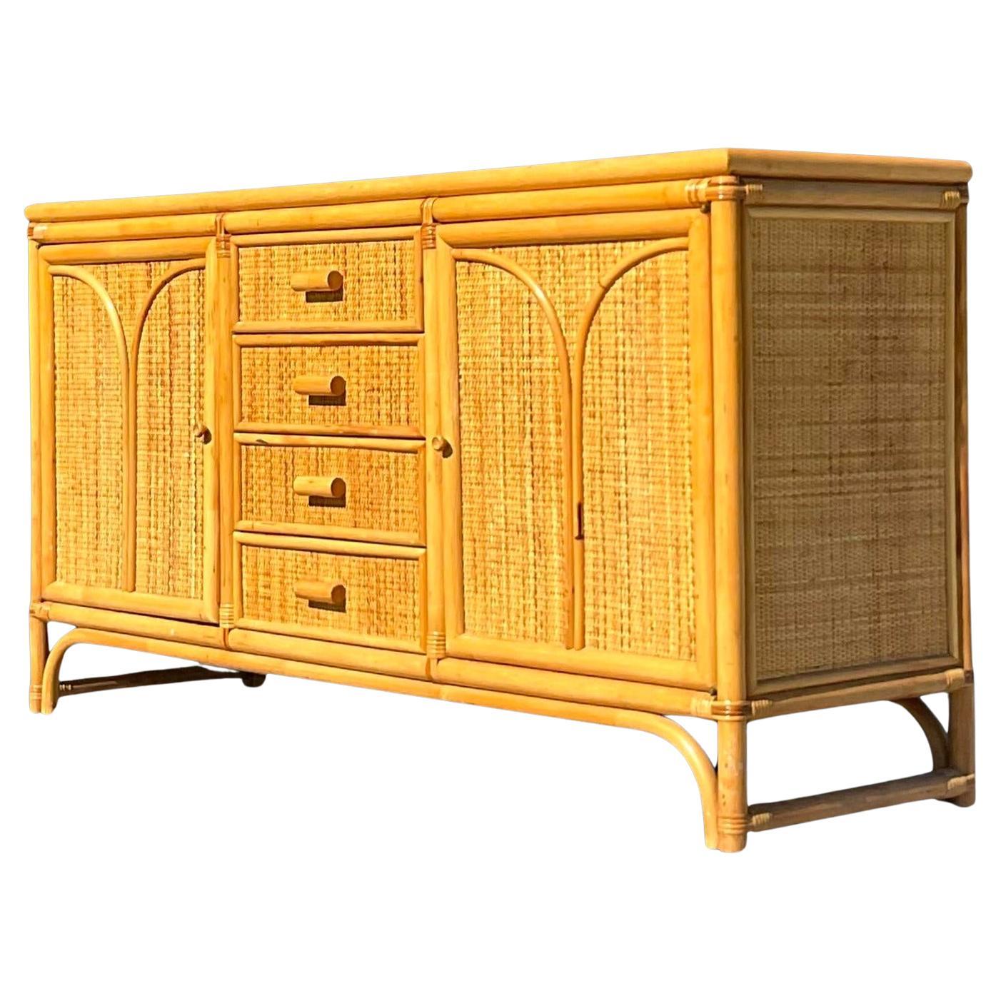 Late 20th Century Vintage Coastal Arched Rattan Credenza For Sale