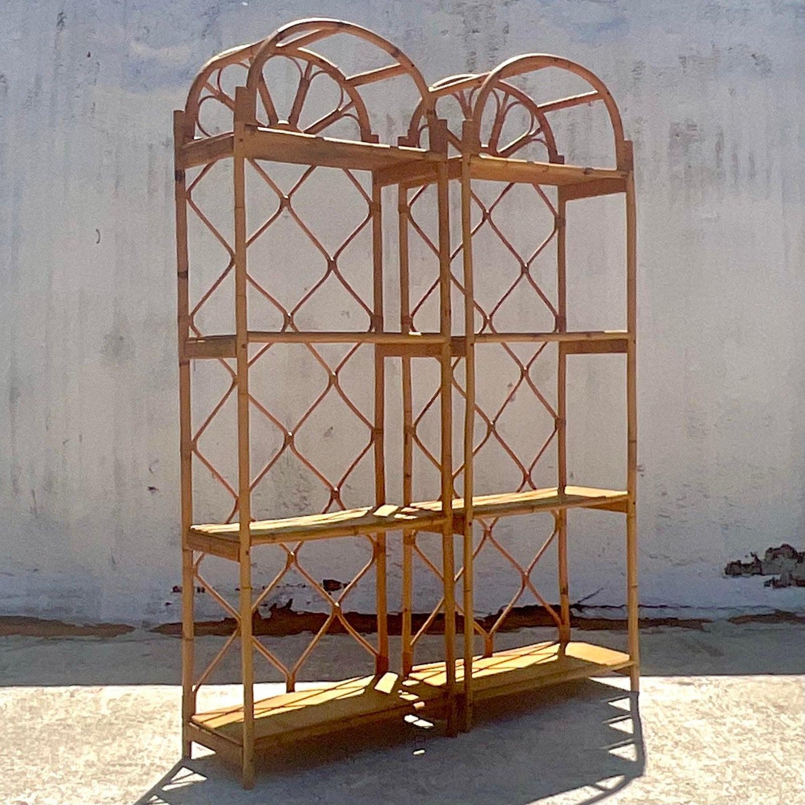 Philippine Late 20th Century Vintage Coastal Arched Rattan Etagere, a Pair