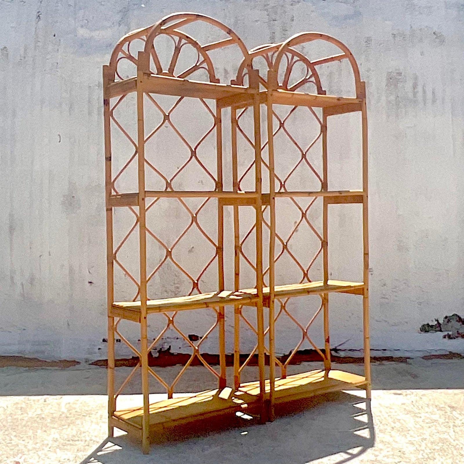 Late 20th Century Vintage Coastal Arched Rattan Etagere, a Pair In Good Condition In west palm beach, FL