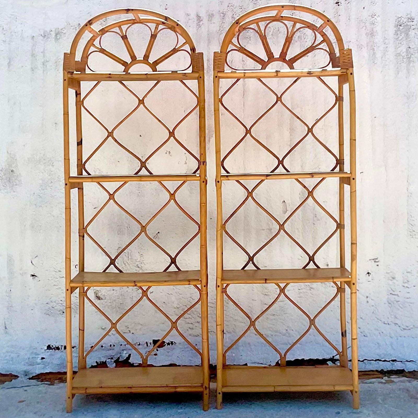 Late 20th Century Vintage Coastal Arched Rattan Etagere, a Pair 1