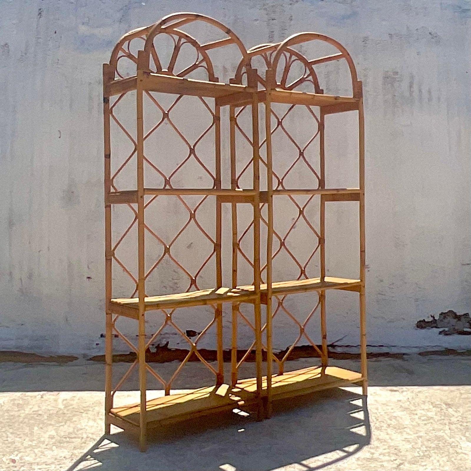 Late 20th Century Vintage Coastal Arched Rattan Etagere, a Pair 2