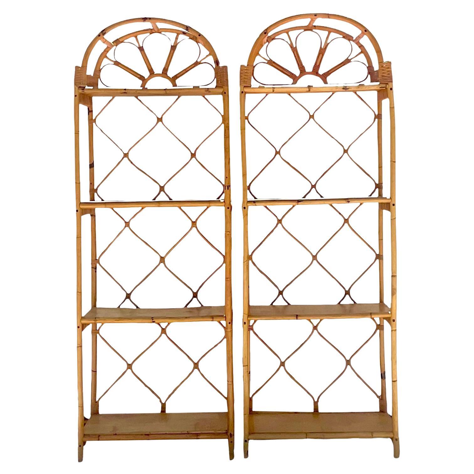 Late 20th Century Vintage Coastal Arched Rattan Etagere, a Pair