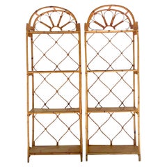 Late 20th Century Vintage Coastal Arched Rattan Etagere, a Pair
