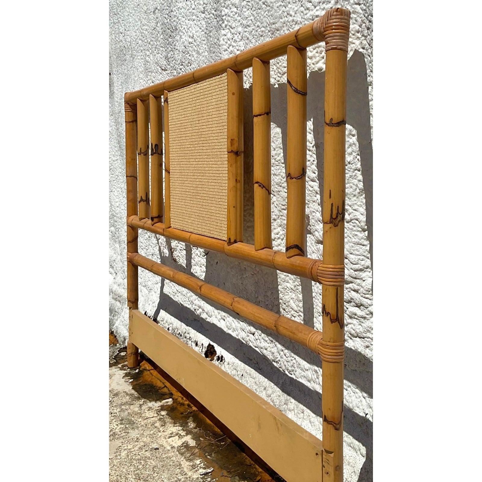Late 20th Century Vintage Coastal Bamboo and Grasscloth Full Headboard In Good Condition For Sale In west palm beach, FL