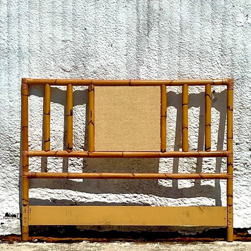 Late 20th Century Vintage Coastal Bamboo and Grasscloth Full Headboard For Sale 1