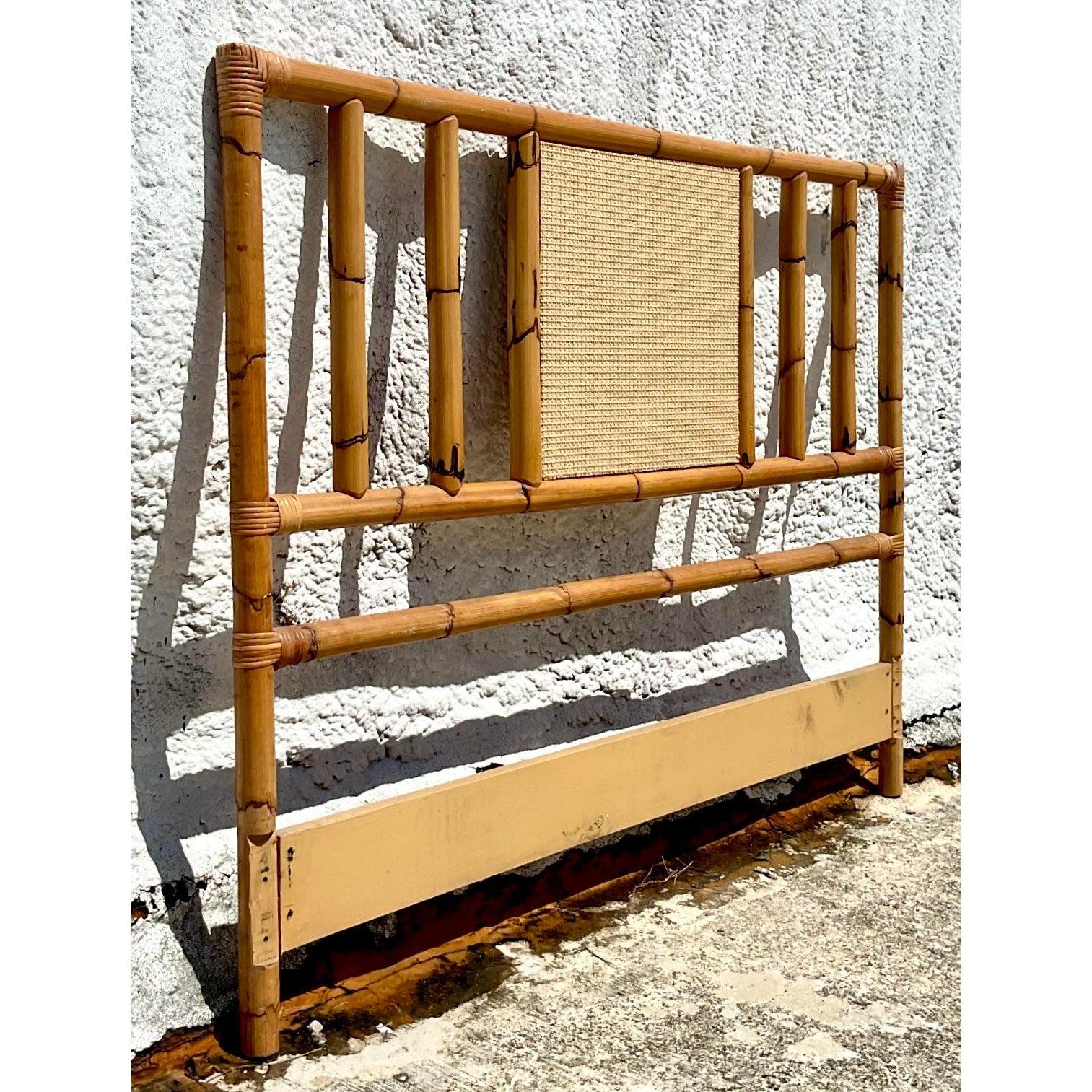 Late 20th Century Vintage Coastal Bamboo and Grasscloth Full Headboard For Sale 2