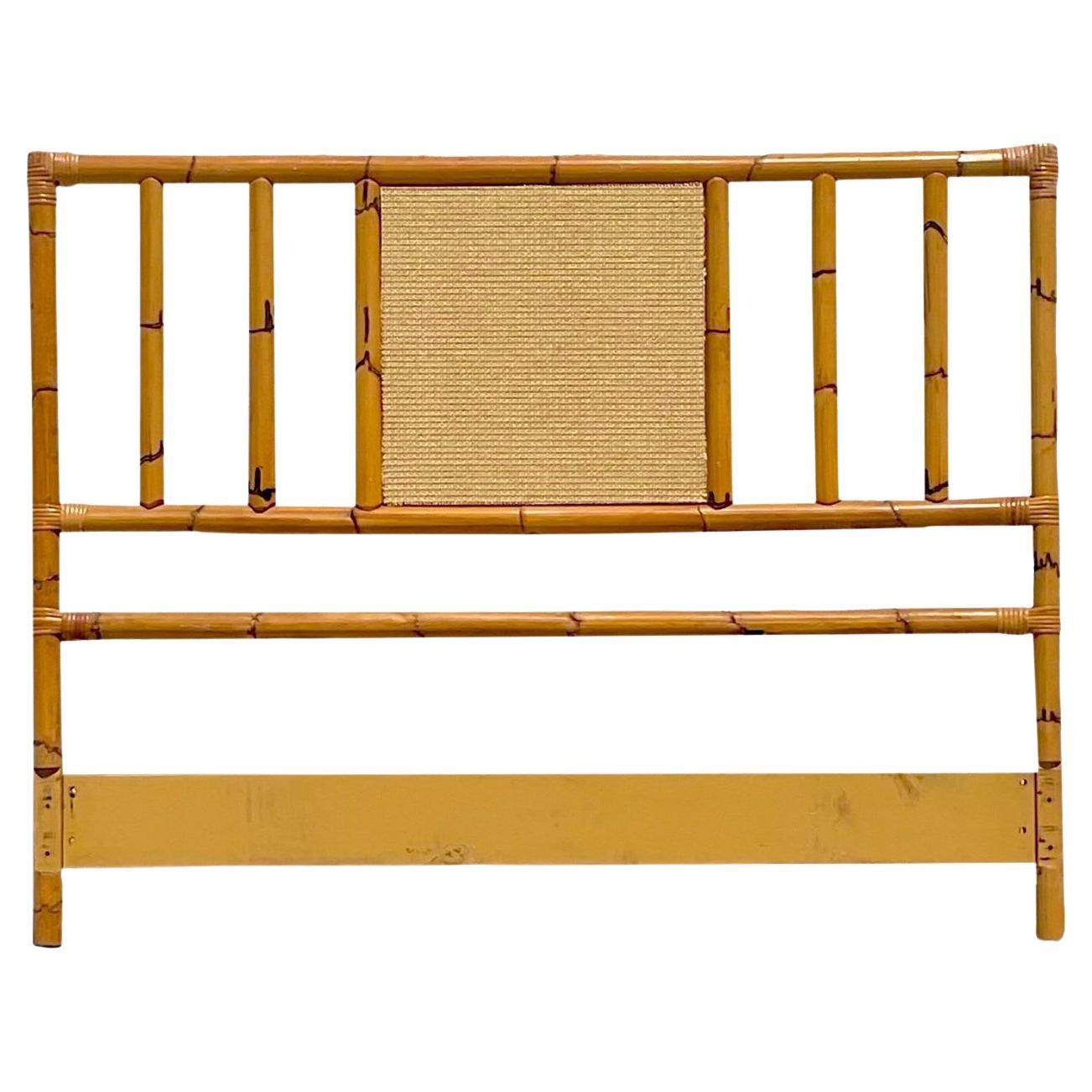 Late 20th Century Vintage Coastal Bamboo and Grasscloth Full Headboard For Sale