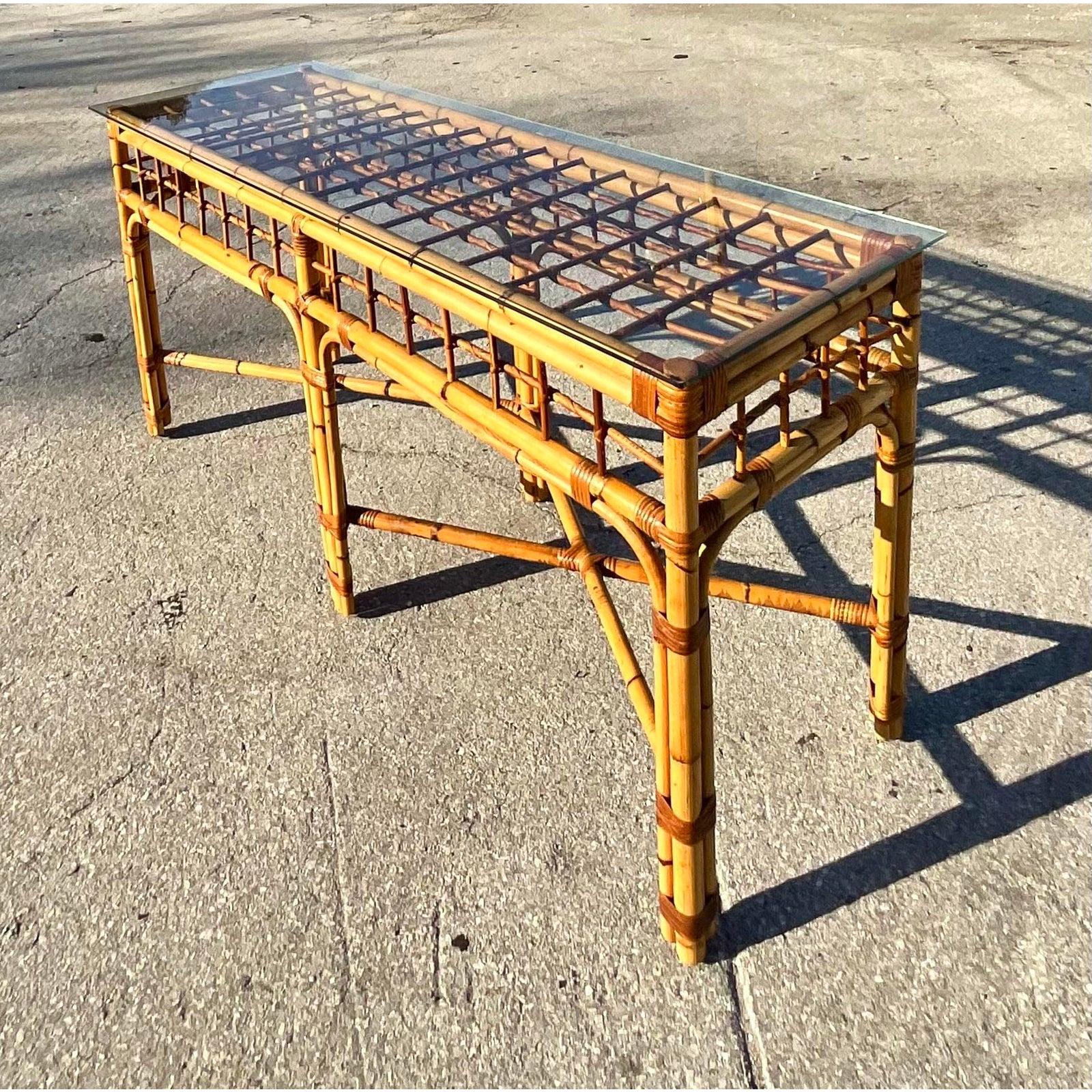 Late 20th Century Vintage Coastal Bamboo Console Table In Good Condition In west palm beach, FL