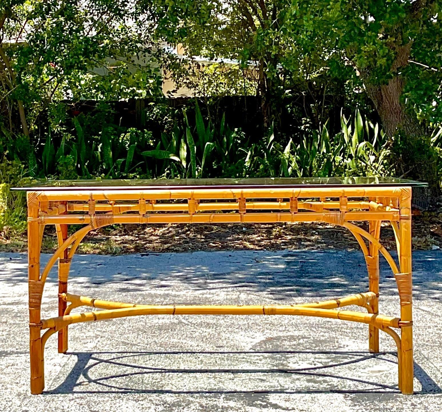 Late 20th Century Vintage Coastal Bent Bamboo Dining Table For Sale 1