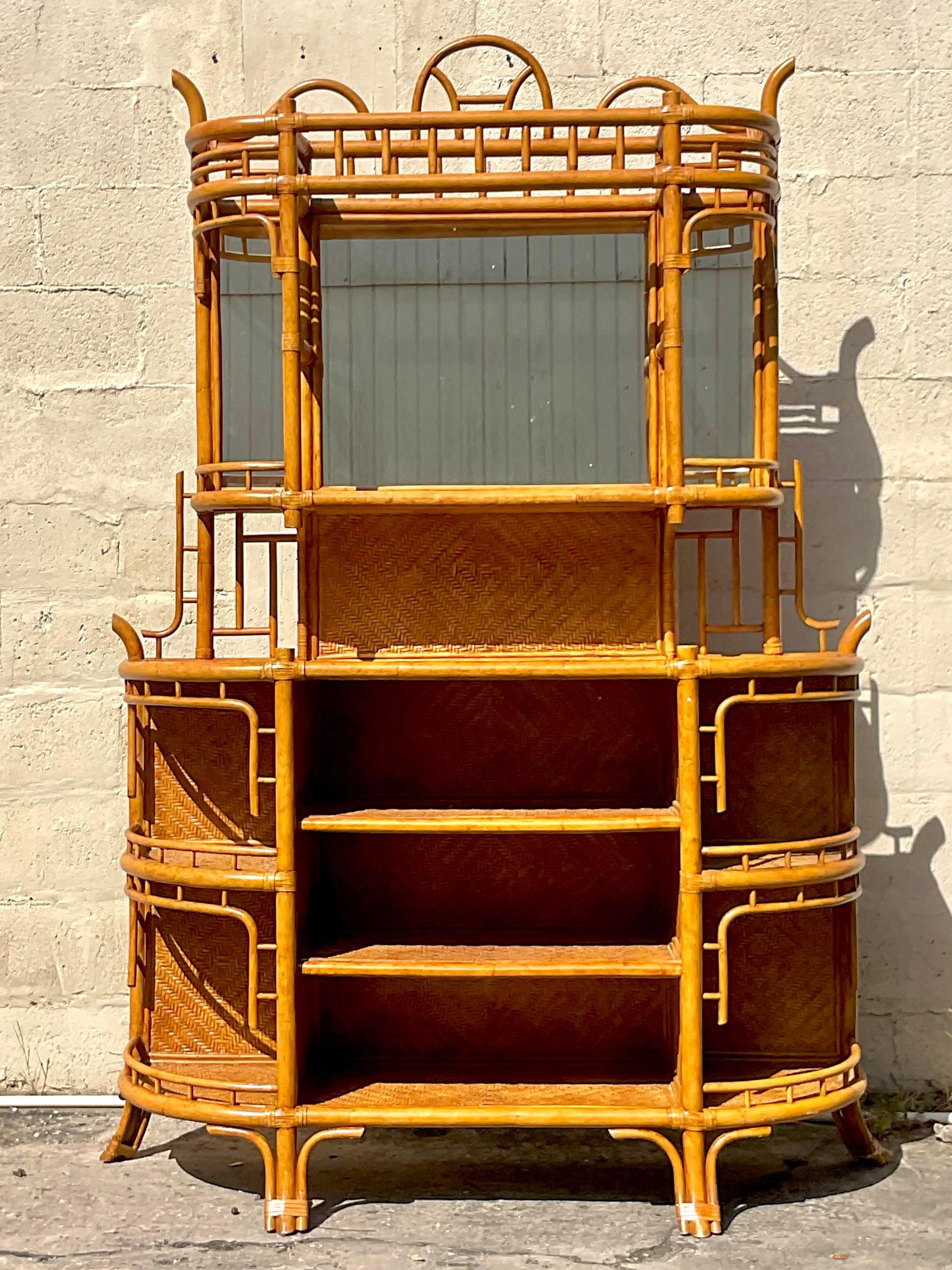 Philippine Late 20th Century Vintage Coastal Bent Rattan Dry Bar After Maitland Smith