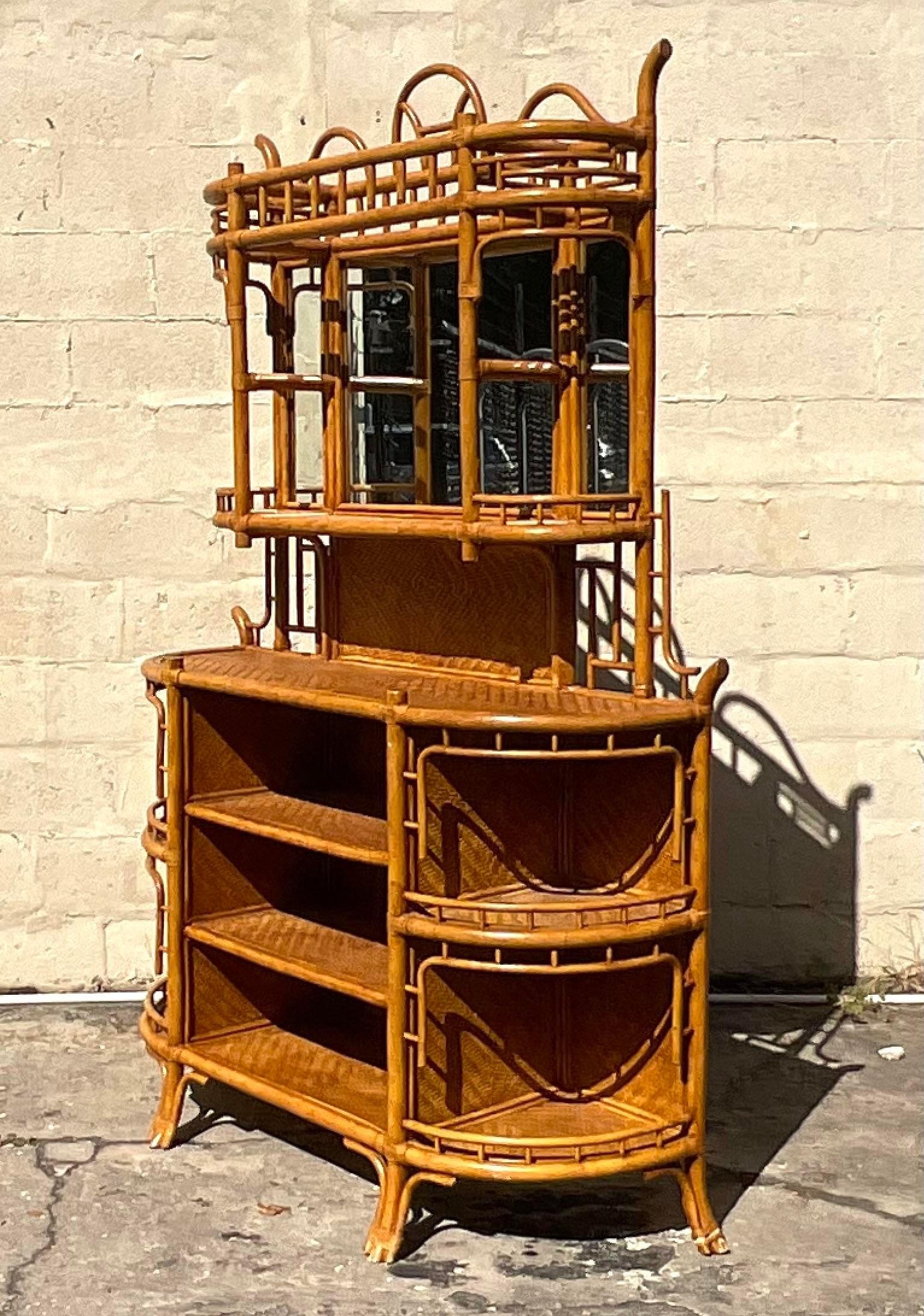 Late 20th Century Vintage Coastal Bent Rattan Dry Bar After Maitland Smith 1