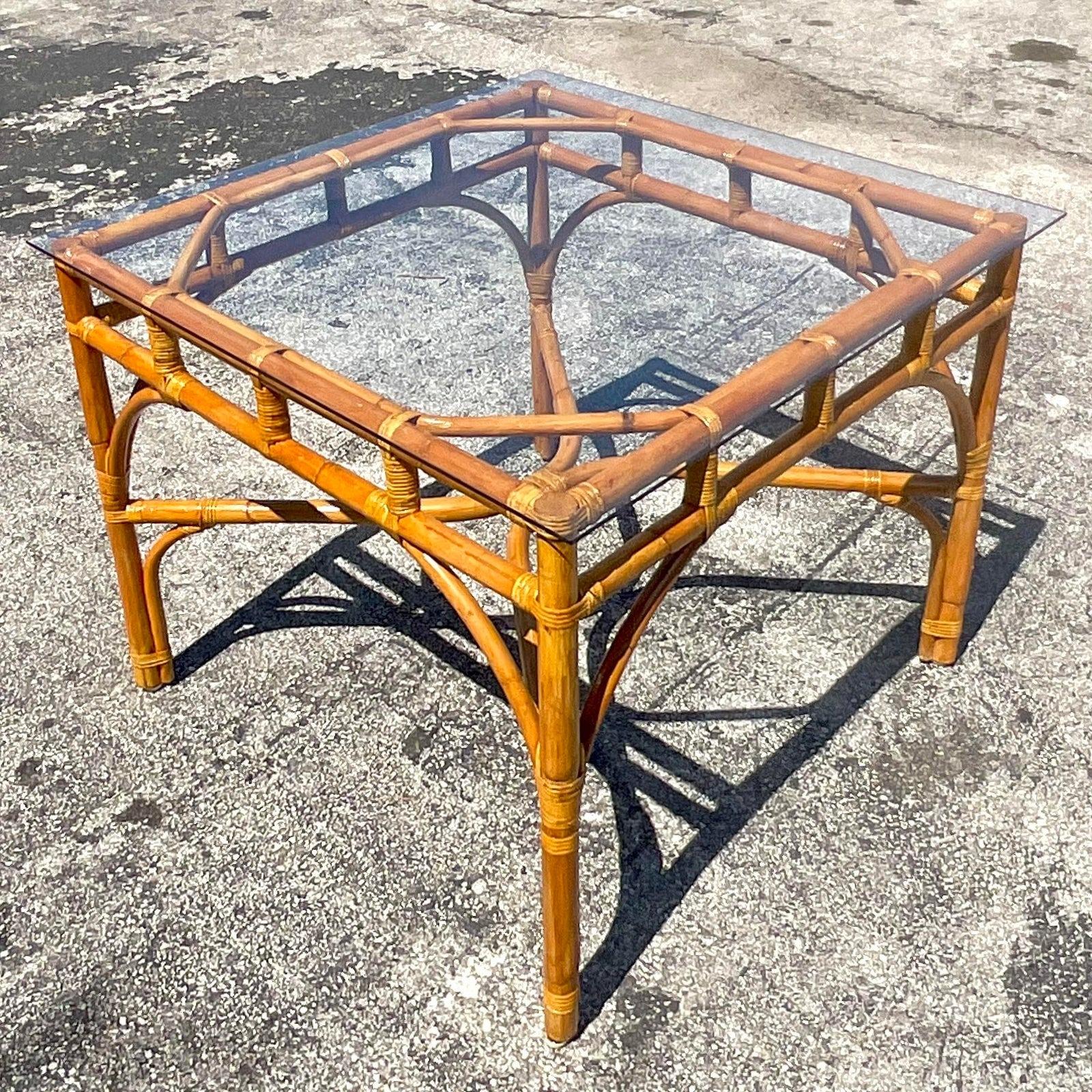 Late 20th Century Vintage Coastal Bent Rattan Game Table In Good Condition For Sale In west palm beach, FL