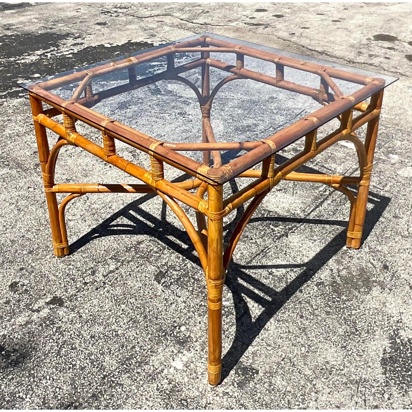 Late 20th Century Vintage Coastal Bent Rattan Game Table For Sale 1