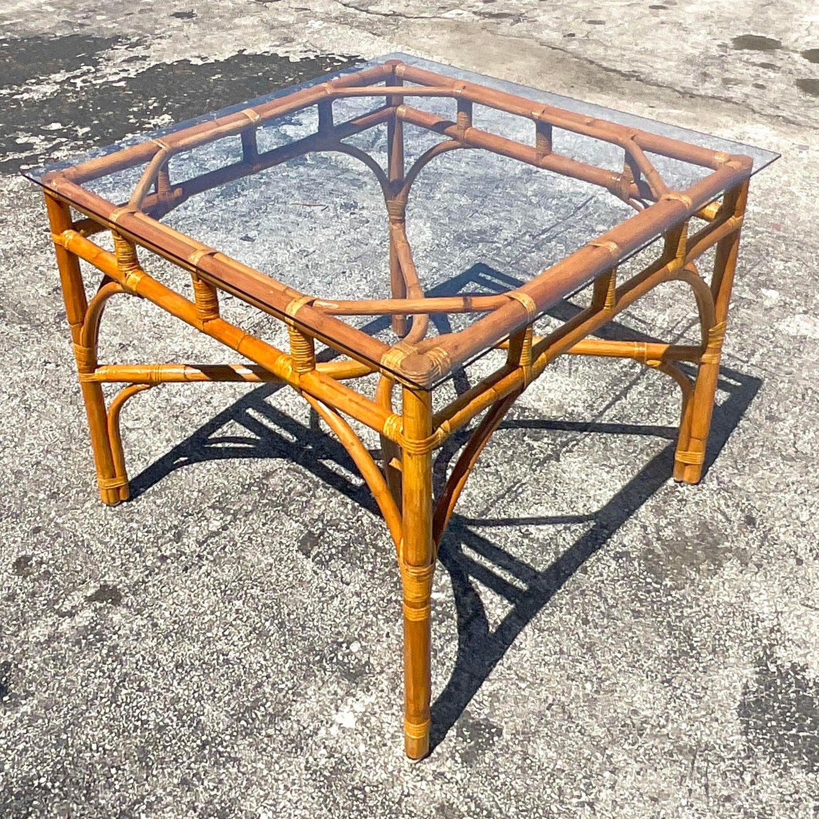 Late 20th Century Vintage Coastal Bent Rattan Game Table For Sale 3