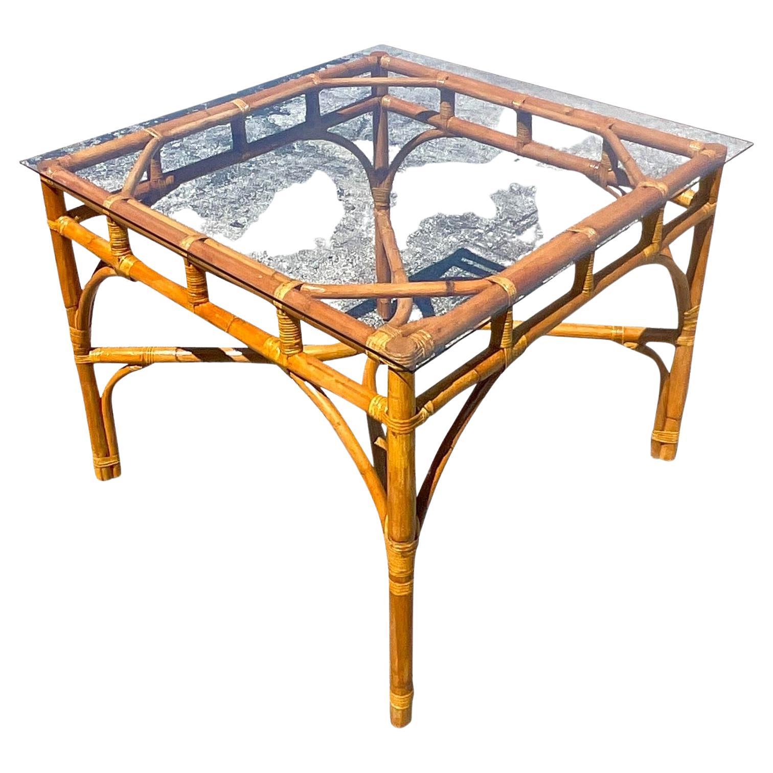 Late 20th Century Vintage Coastal Bent Rattan Game Table For Sale