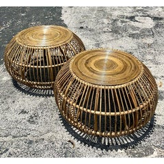 Late 20th Century Vintage Coastal Bent Rattan Side Tables After Albini - a Pair