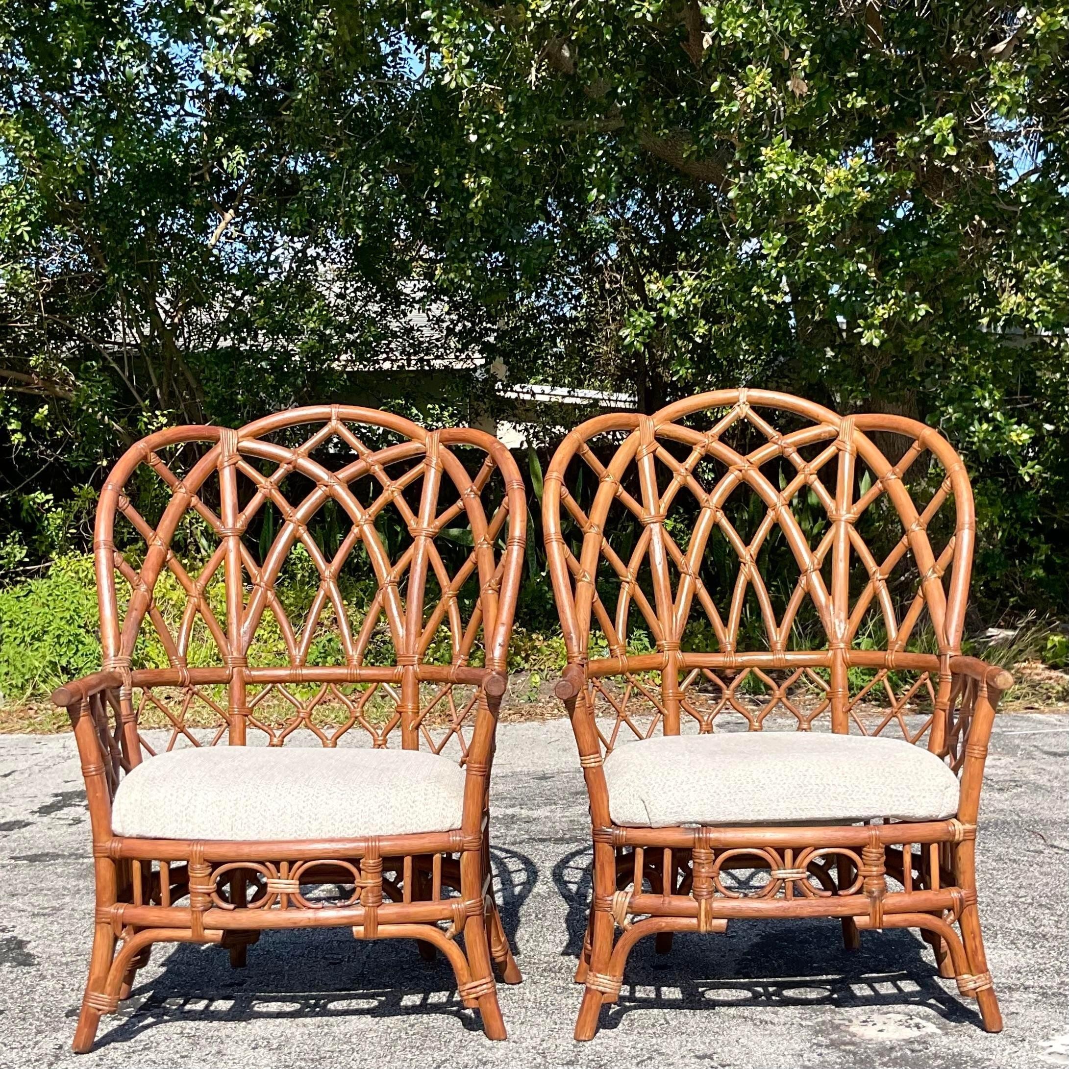 Late 20th Century Vintage Coastal Bent Rattan Wingback Chairs - a Pair In Good Condition For Sale In west palm beach, FL
