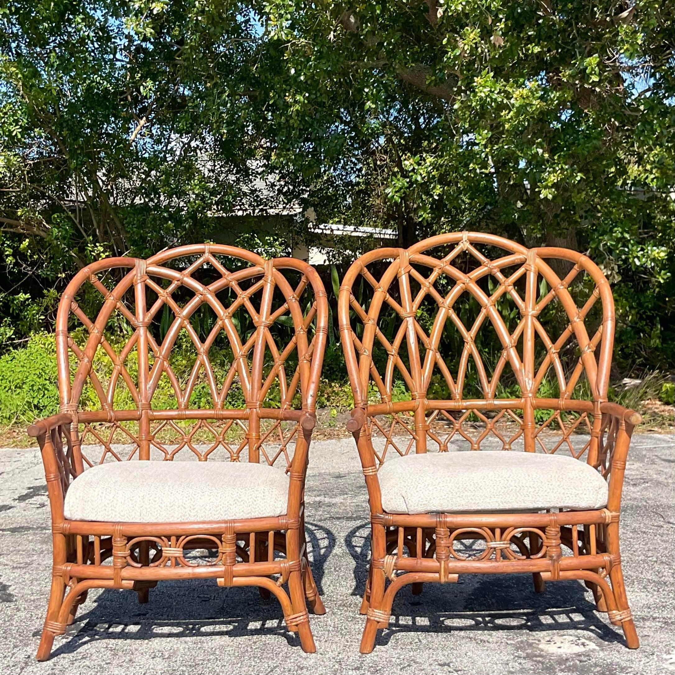 Upholstery Late 20th Century Vintage Coastal Bent Rattan Wingback Chairs - a Pair For Sale