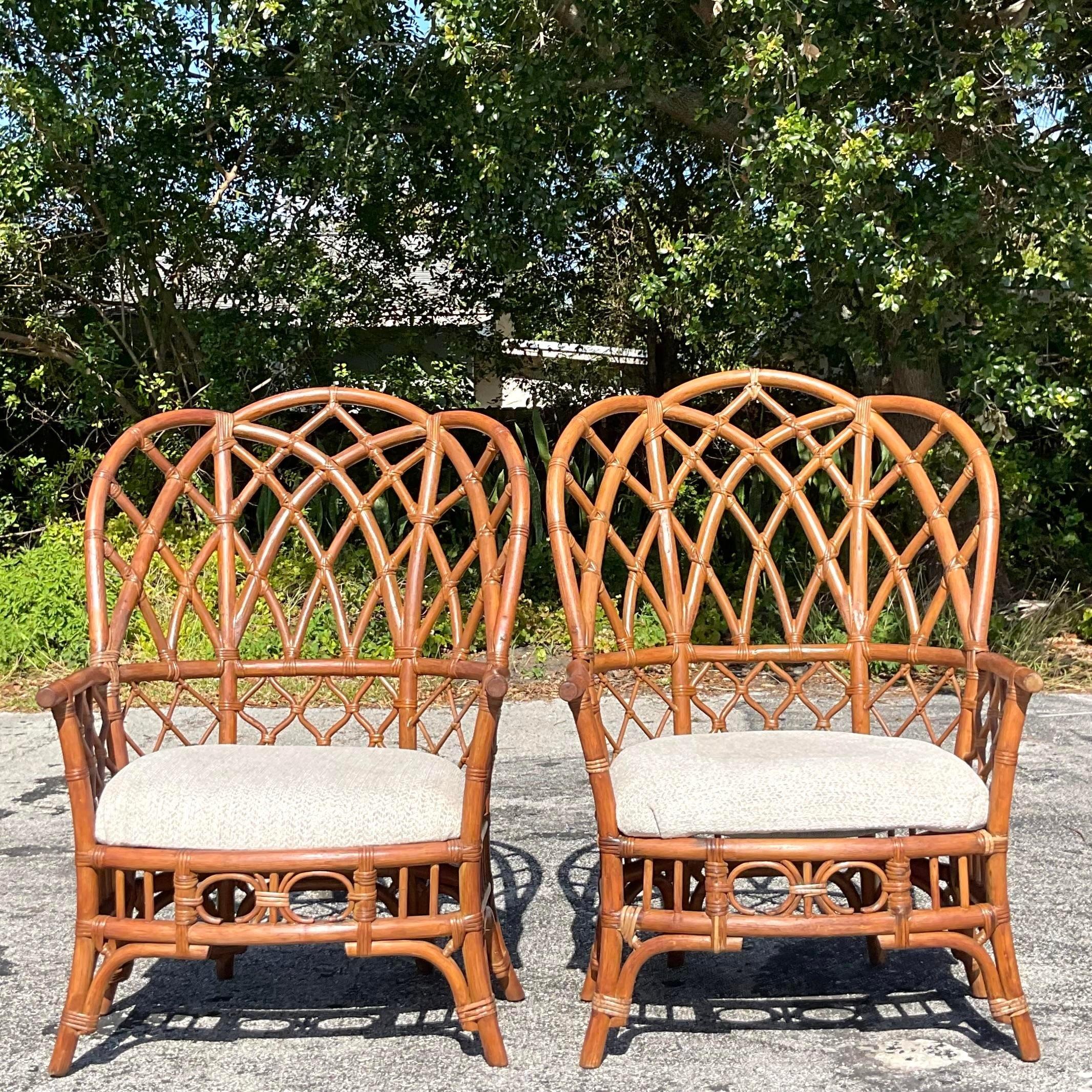 Late 20th Century Vintage Coastal Bent Rattan Wingback Chairs - a Pair For Sale 1