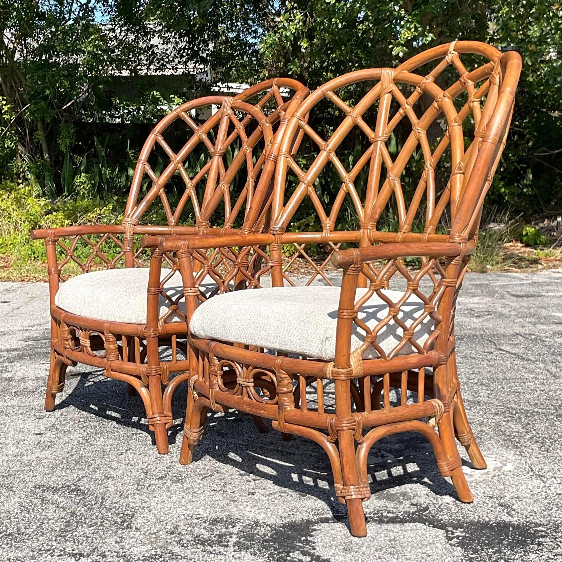Late 20th Century Vintage Coastal Bent Rattan Wingback Chairs - a Pair For Sale 2