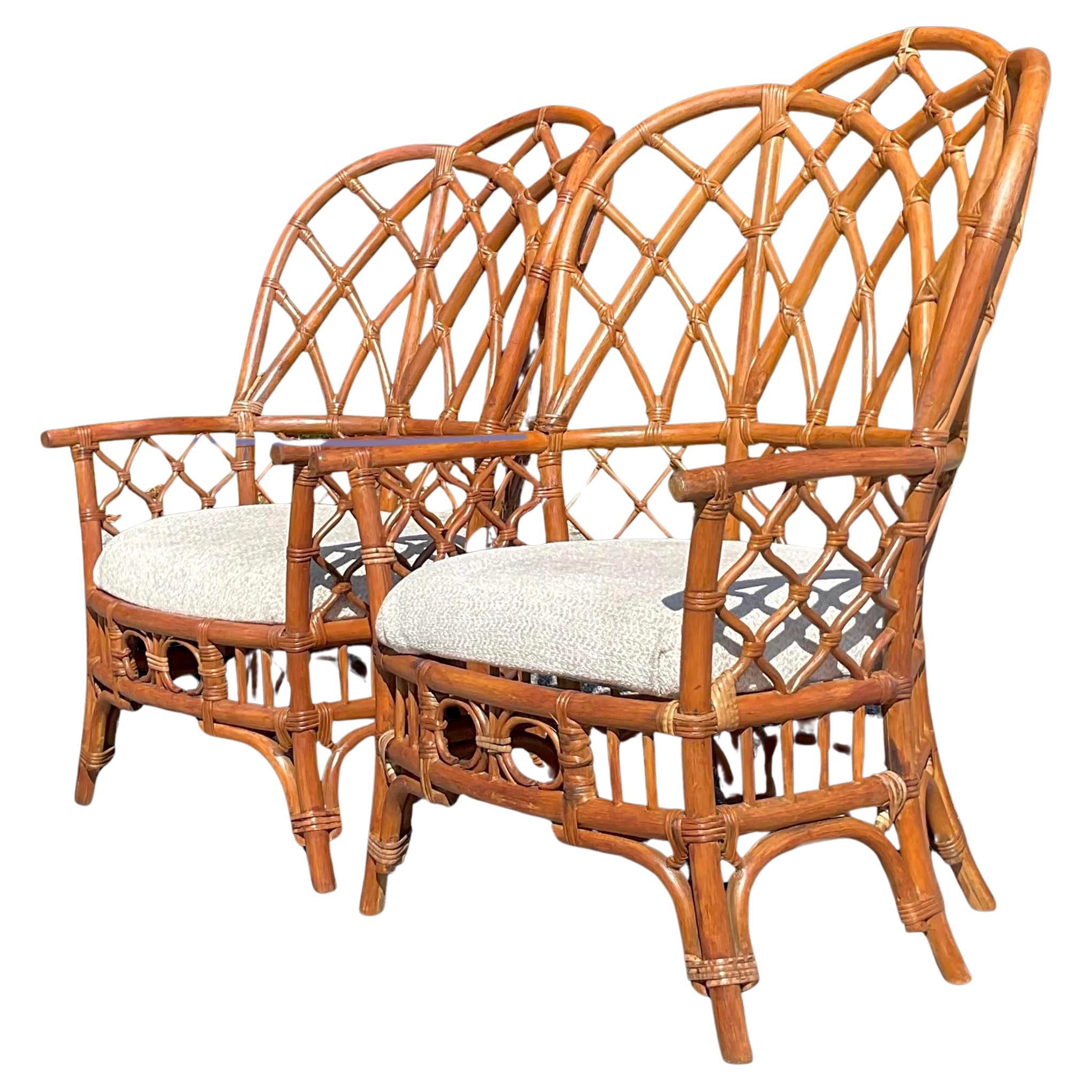Late 20th Century Vintage Coastal Bent Rattan Wingback Chairs - a Pair For Sale