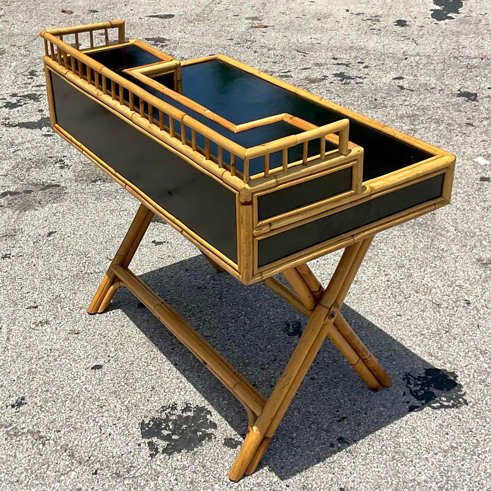 Late 20th Century Vintage Coastal Black Lacquer and Rattan Writing Desk In Good Condition In west palm beach, FL