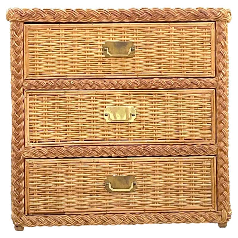Vintage Coastal Woven Rattan Chest of Drawers with Brass Handles For ...
