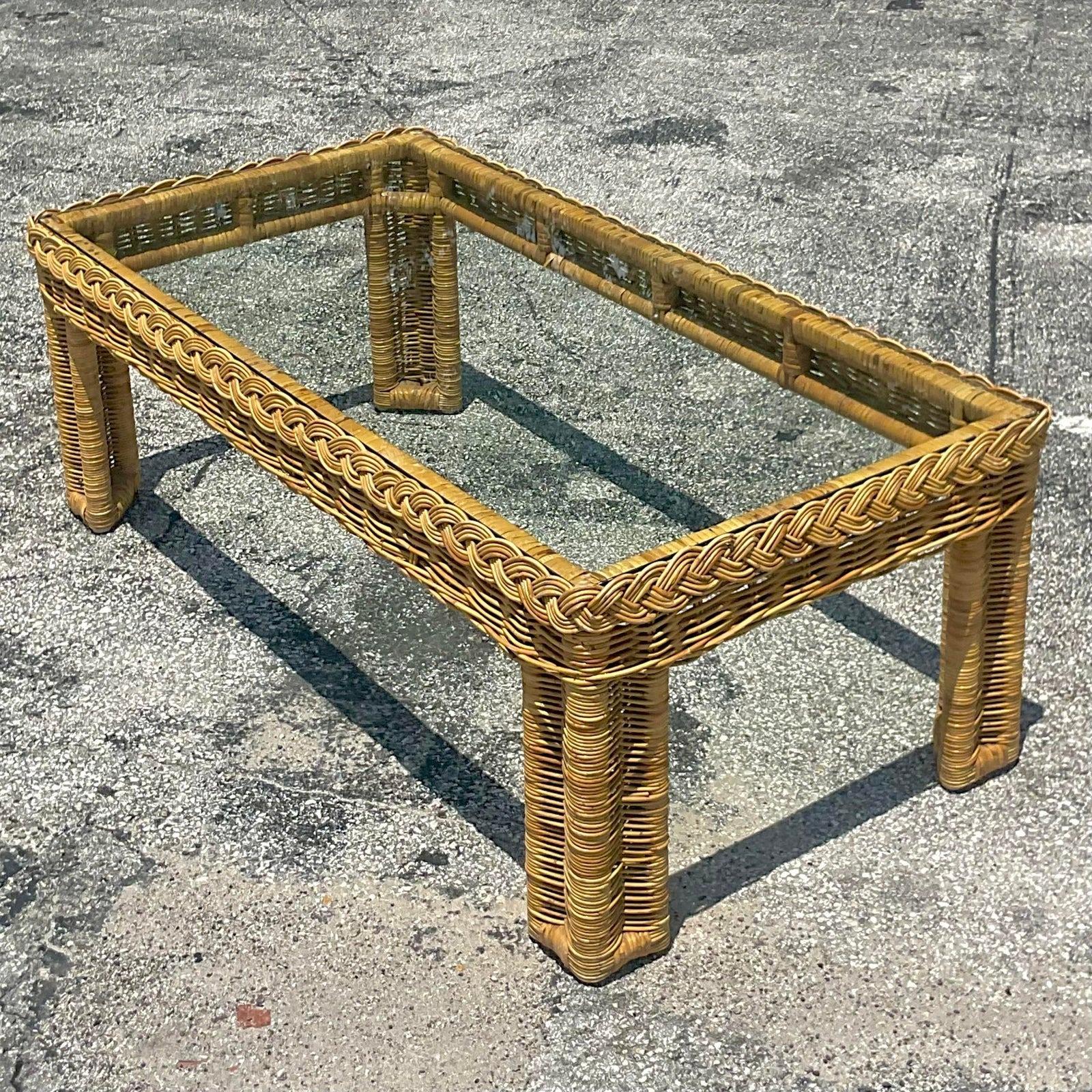 Late 20th Century Vintage Coastal Braided Rattan Coffee Table In Good Condition For Sale In west palm beach, FL