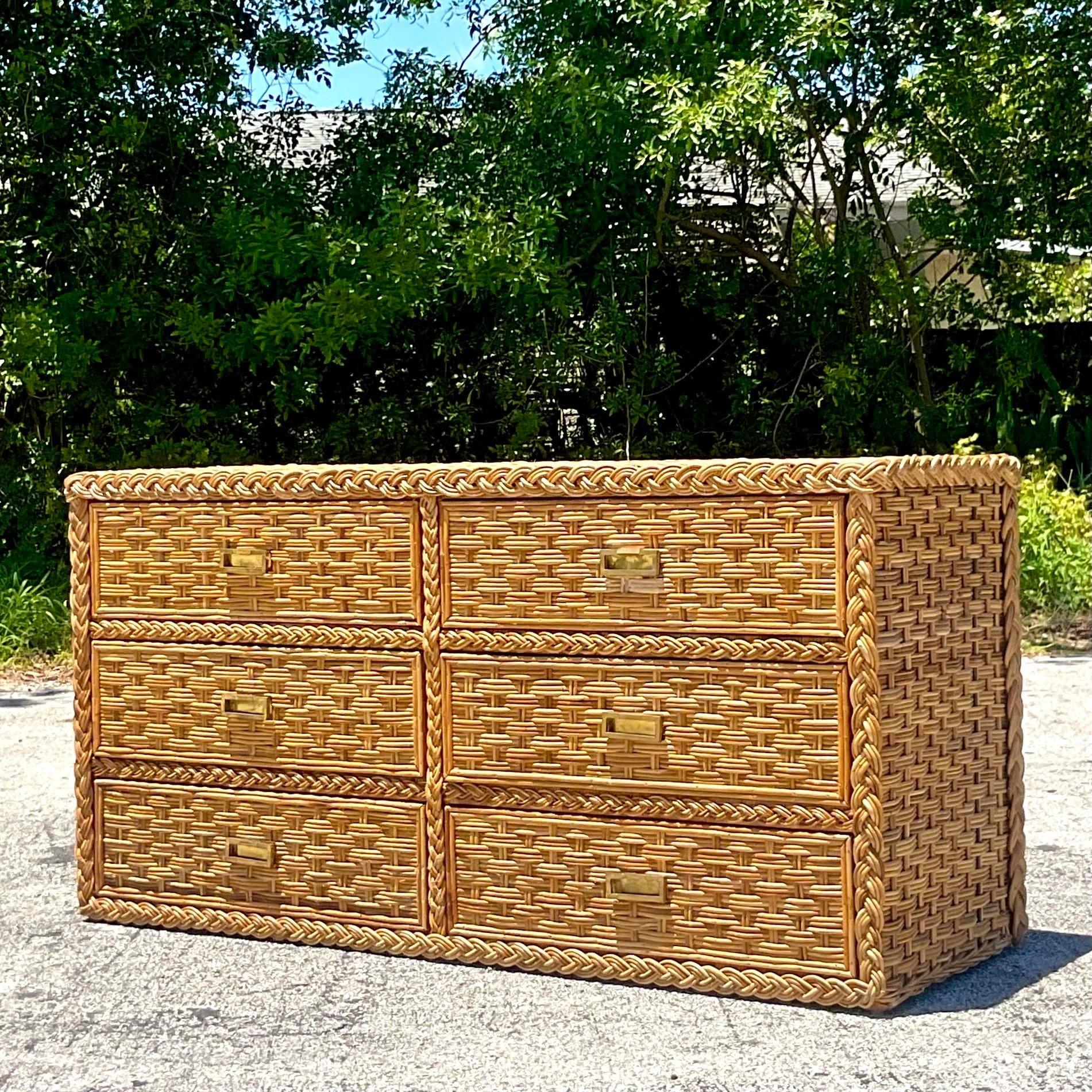 American Late 20th Century Vintage Coastal Braided Rattan Dresser For Sale