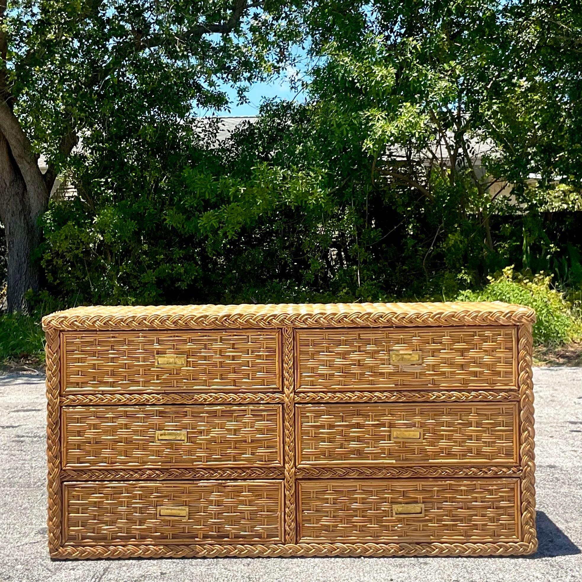 Late 20th Century Vintage Coastal Braided Rattan Dresser In Good Condition For Sale In west palm beach, FL