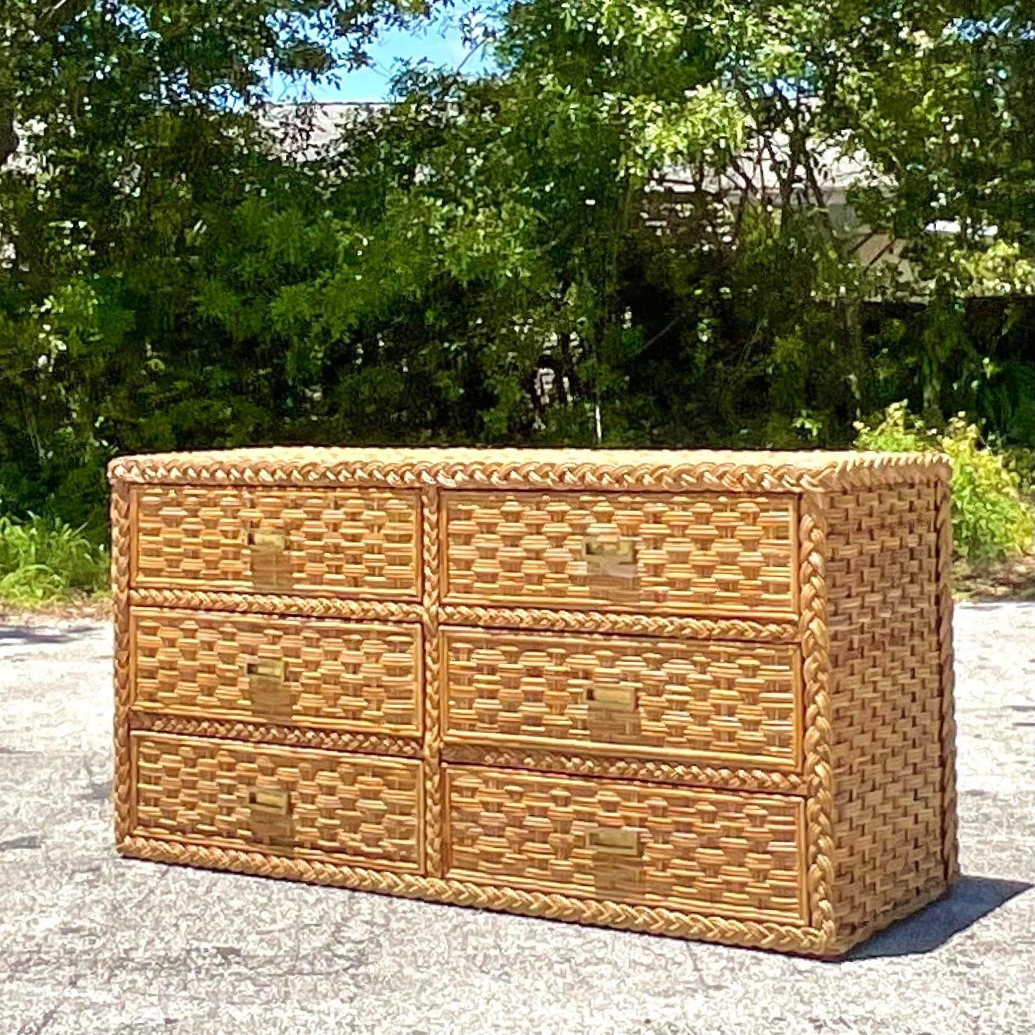 Brass Late 20th Century Vintage Coastal Braided Rattan Dresser For Sale