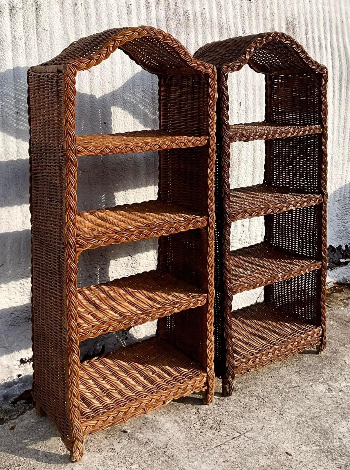 Late 20th Century Vintage Coastal Braided Rattan Etagere - a Pair In Good Condition For Sale In west palm beach, FL