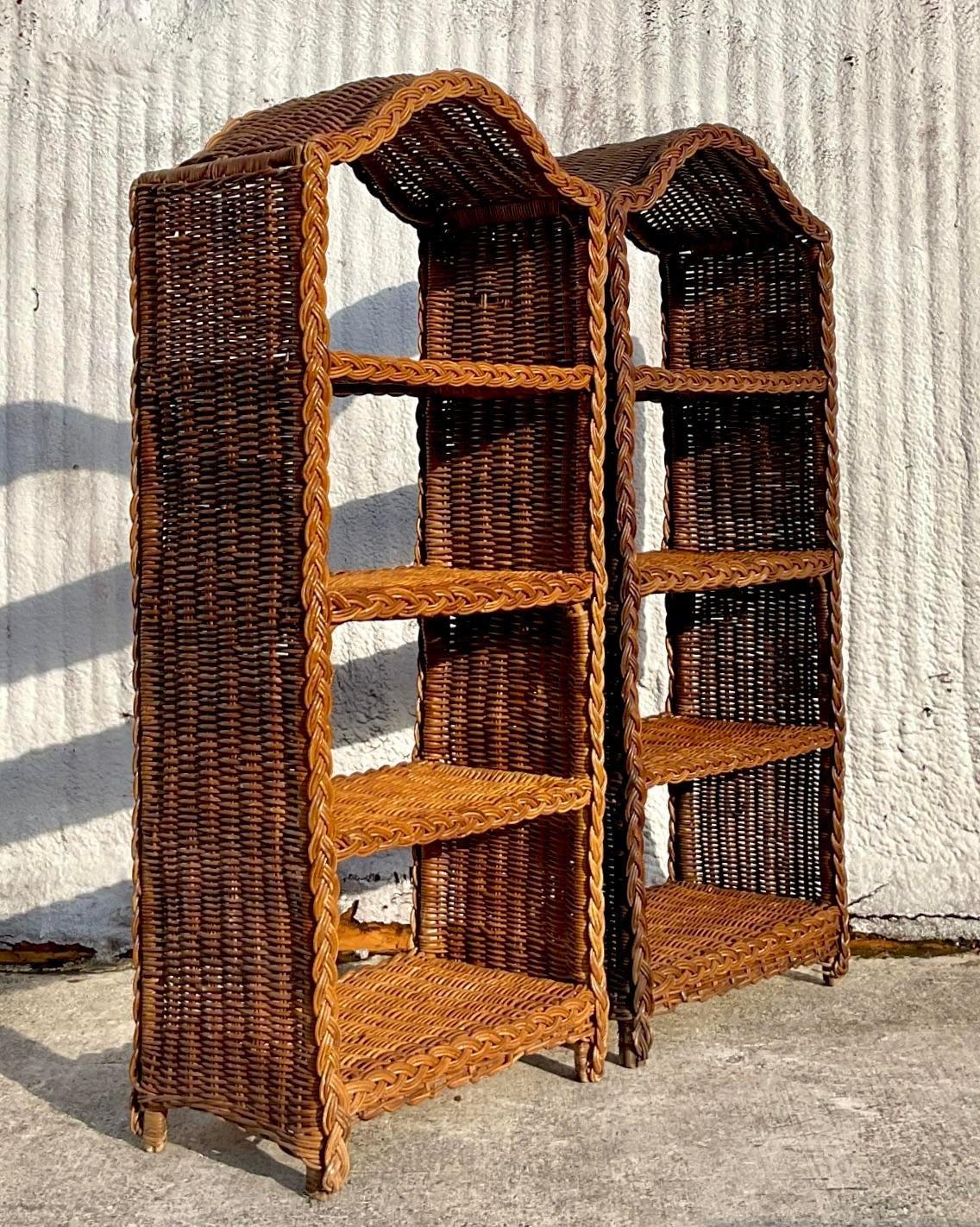 Late 20th Century Vintage Coastal Braided Rattan Etagere - a Pair For Sale 1