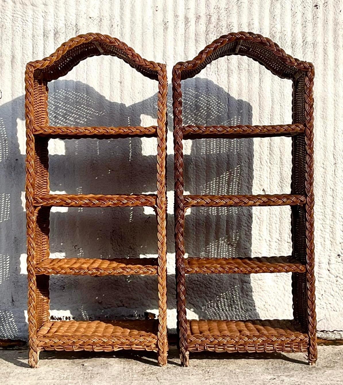 Late 20th Century Vintage Coastal Braided Rattan Etagere - a Pair For Sale 2
