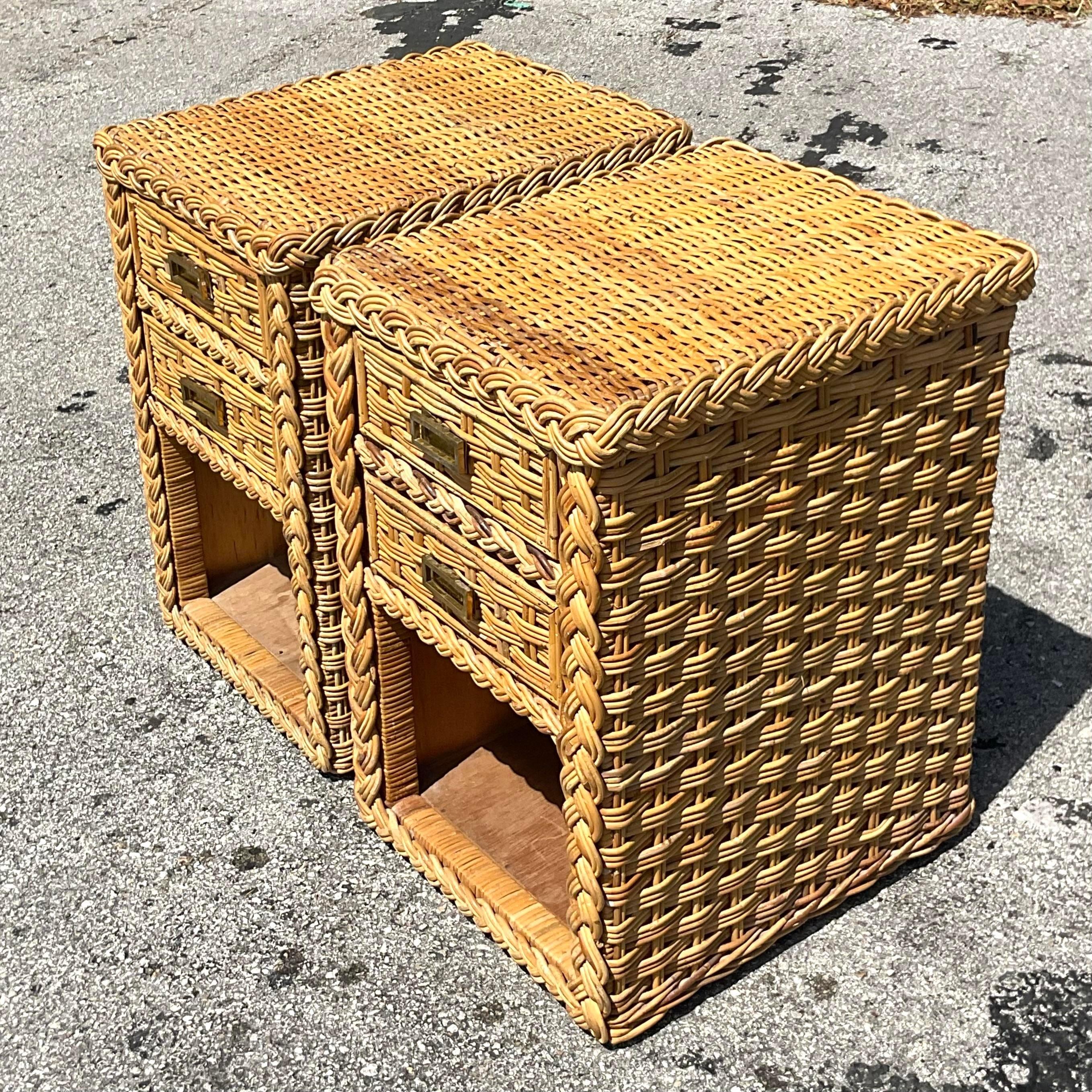 Philippine Late 20th Century Vintage Coastal Braided Rattan Nightstands - a Pair For Sale