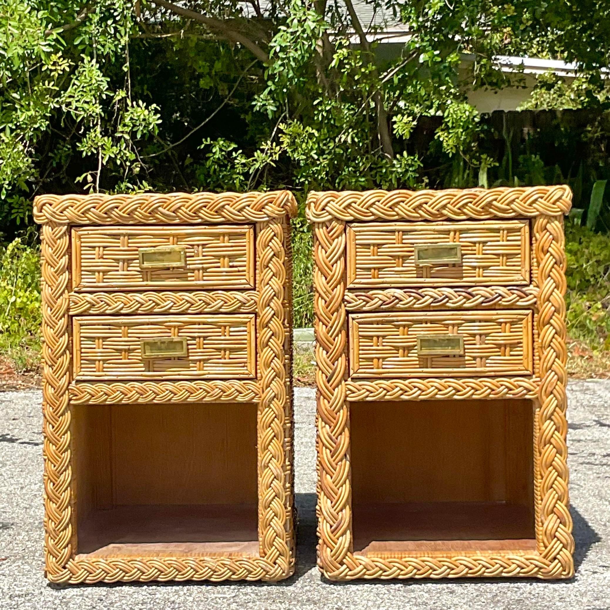 Late 20th Century Vintage Coastal Braided Rattan Nightstands - a Pair In Good Condition For Sale In west palm beach, FL