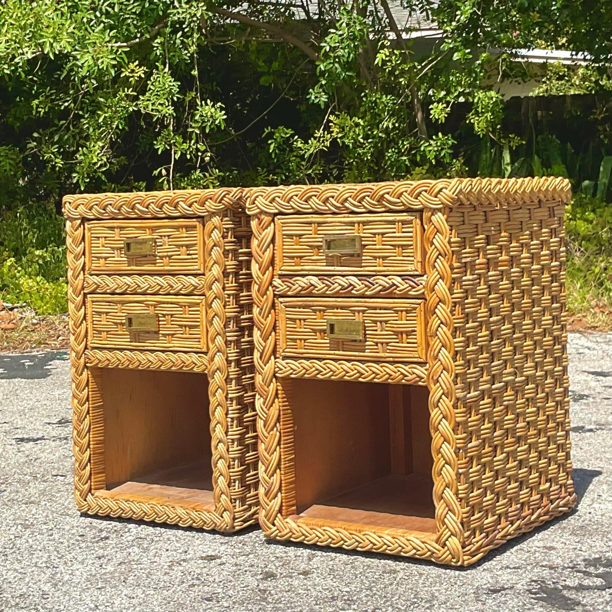 Metal Late 20th Century Vintage Coastal Braided Rattan Nightstands - a Pair For Sale