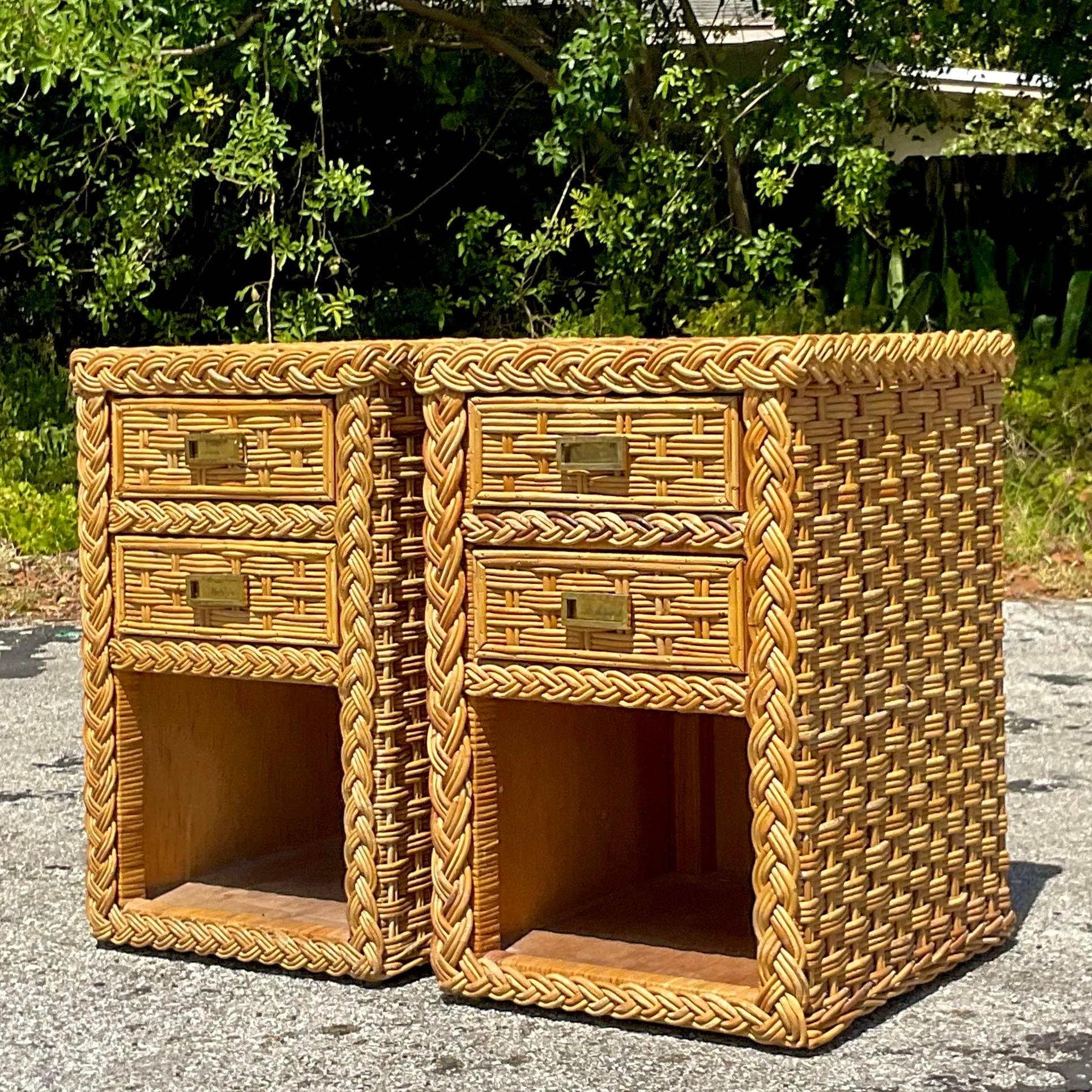Late 20th Century Vintage Coastal Braided Rattan Nightstands - a Pair For Sale 1