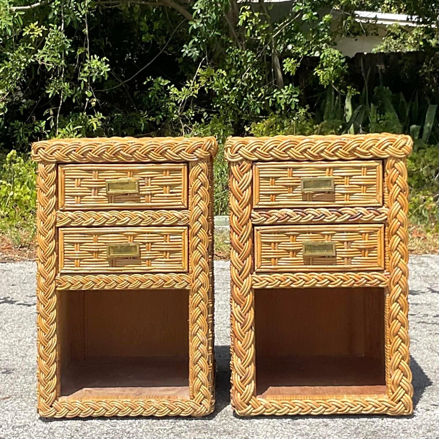 Late 20th Century Vintage Coastal Braided Rattan Nightstands - a Pair For Sale 2