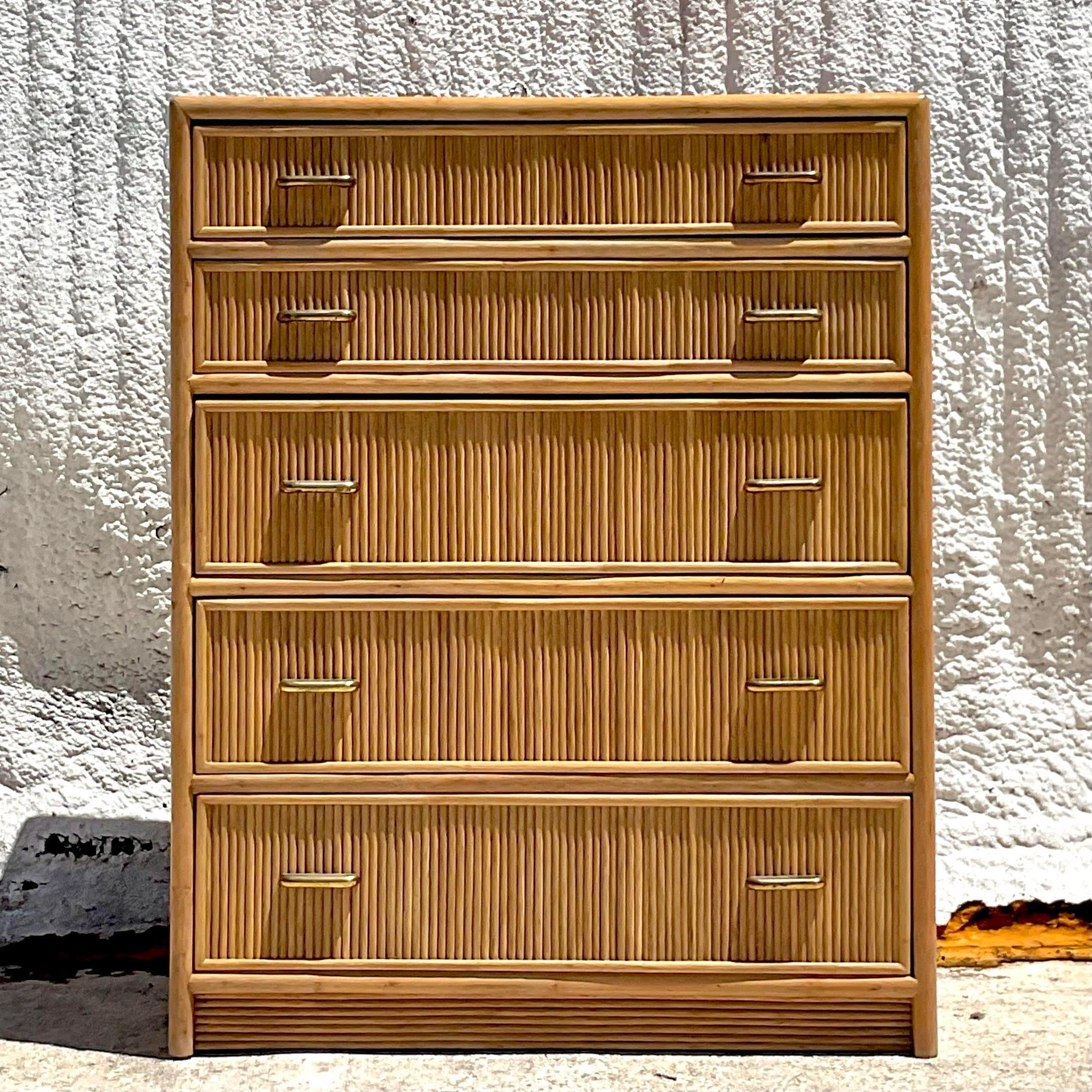 Late 20th Century Vintage Coastal Brown Jordan Rattan Tall Dresser In Good Condition For Sale In west palm beach, FL