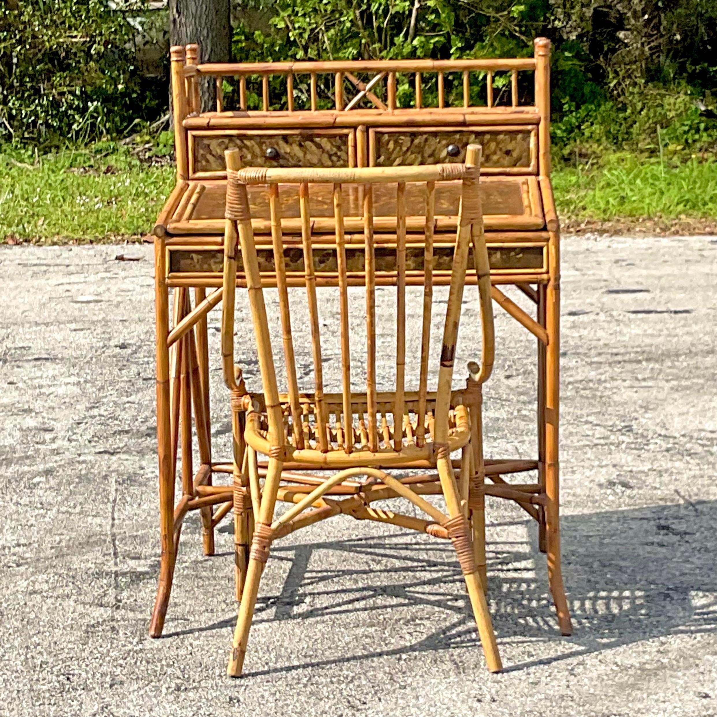 Philippine Late 20th Century Vintage Coastal Tortoise Bamboo Sloped Writing Desk and Chair