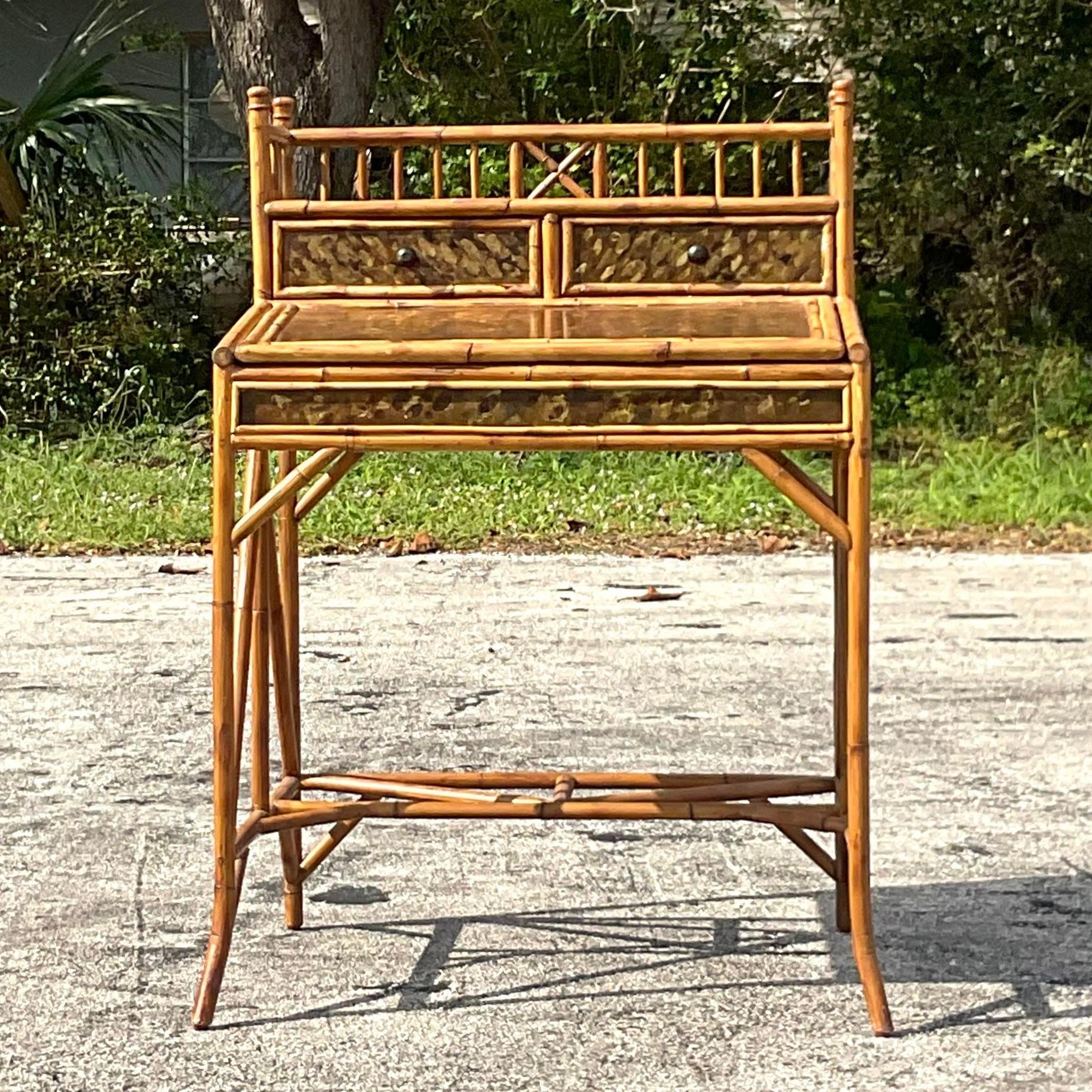 Late 20th Century Vintage Coastal Tortoise Bamboo Sloped Writing Desk and Chair In Good Condition In west palm beach, FL